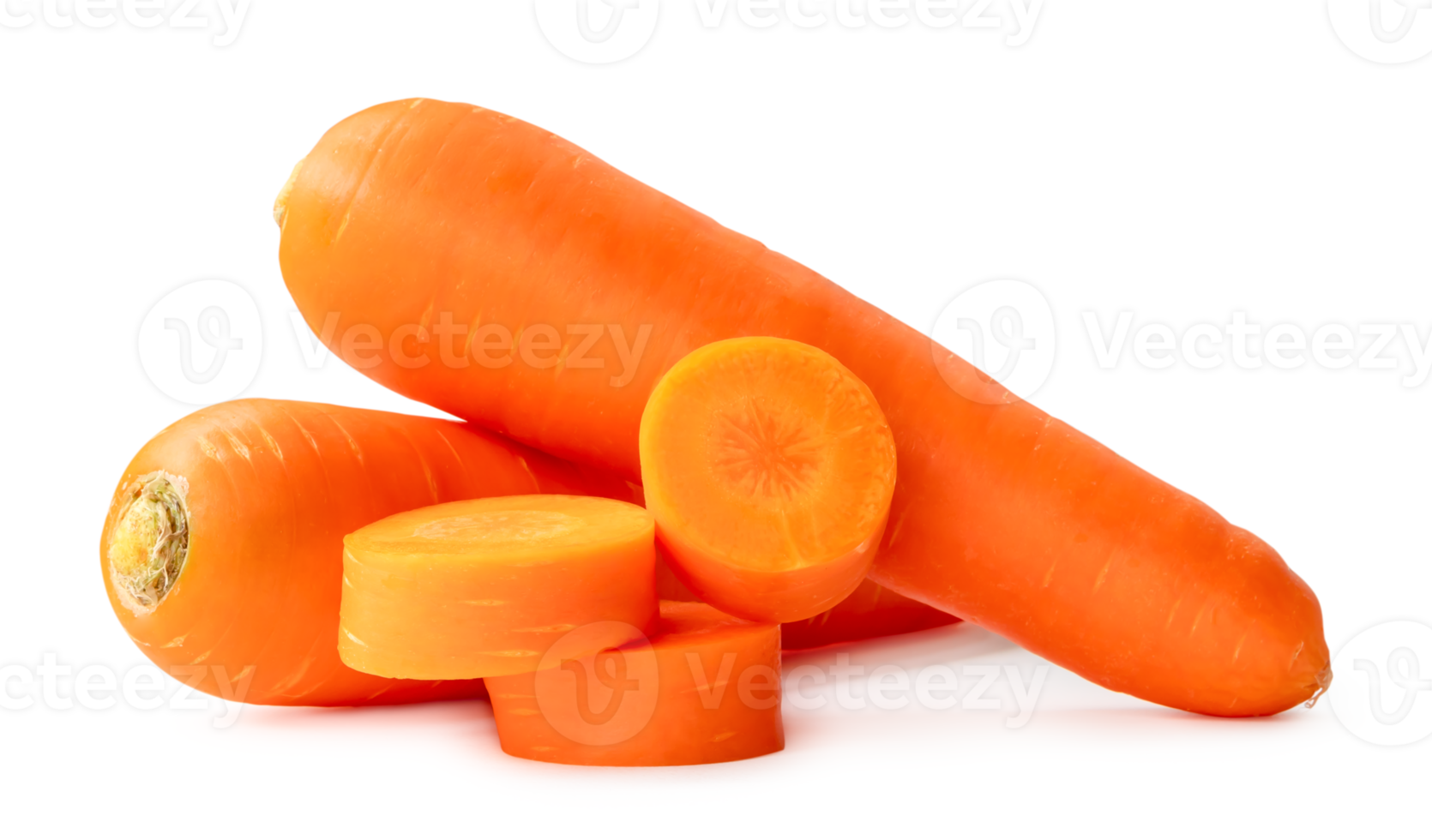 Two fresh orange carrots with slices in stack isolated with clipping path and shadow in png file format Close up of healthy vegetable root