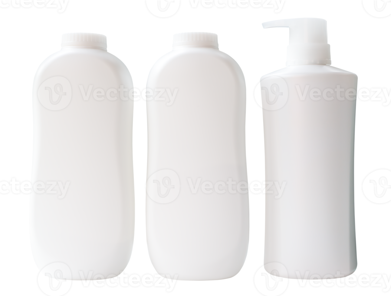 Set of three white shampoo or hair conditioner and powder bottle or container isolated with clipping path in png file format