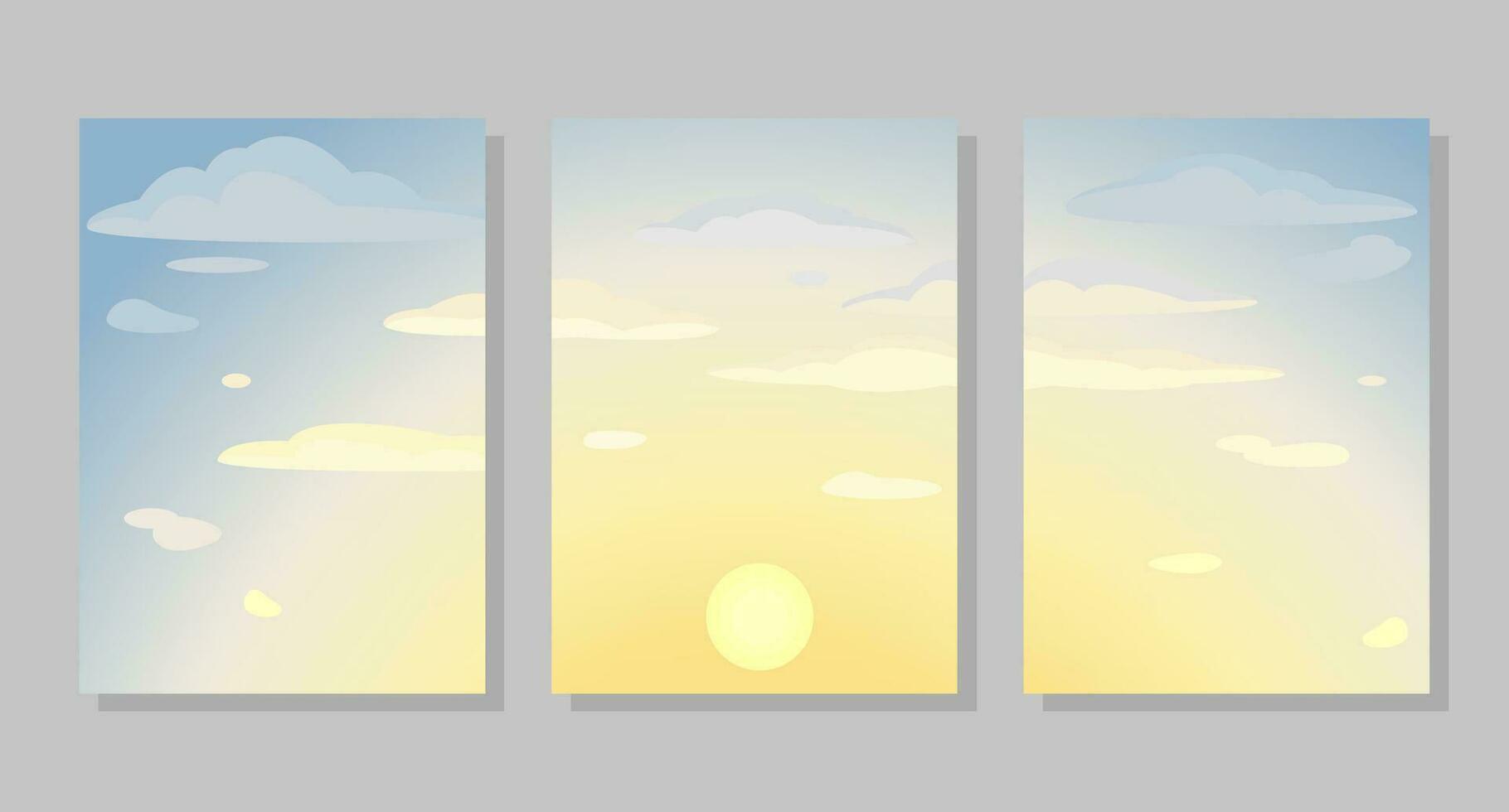 Set of sky background, frames. Dawn and clouds. Vector illustration. Social media banner template for stories, posts, blogs, cards, invitations.