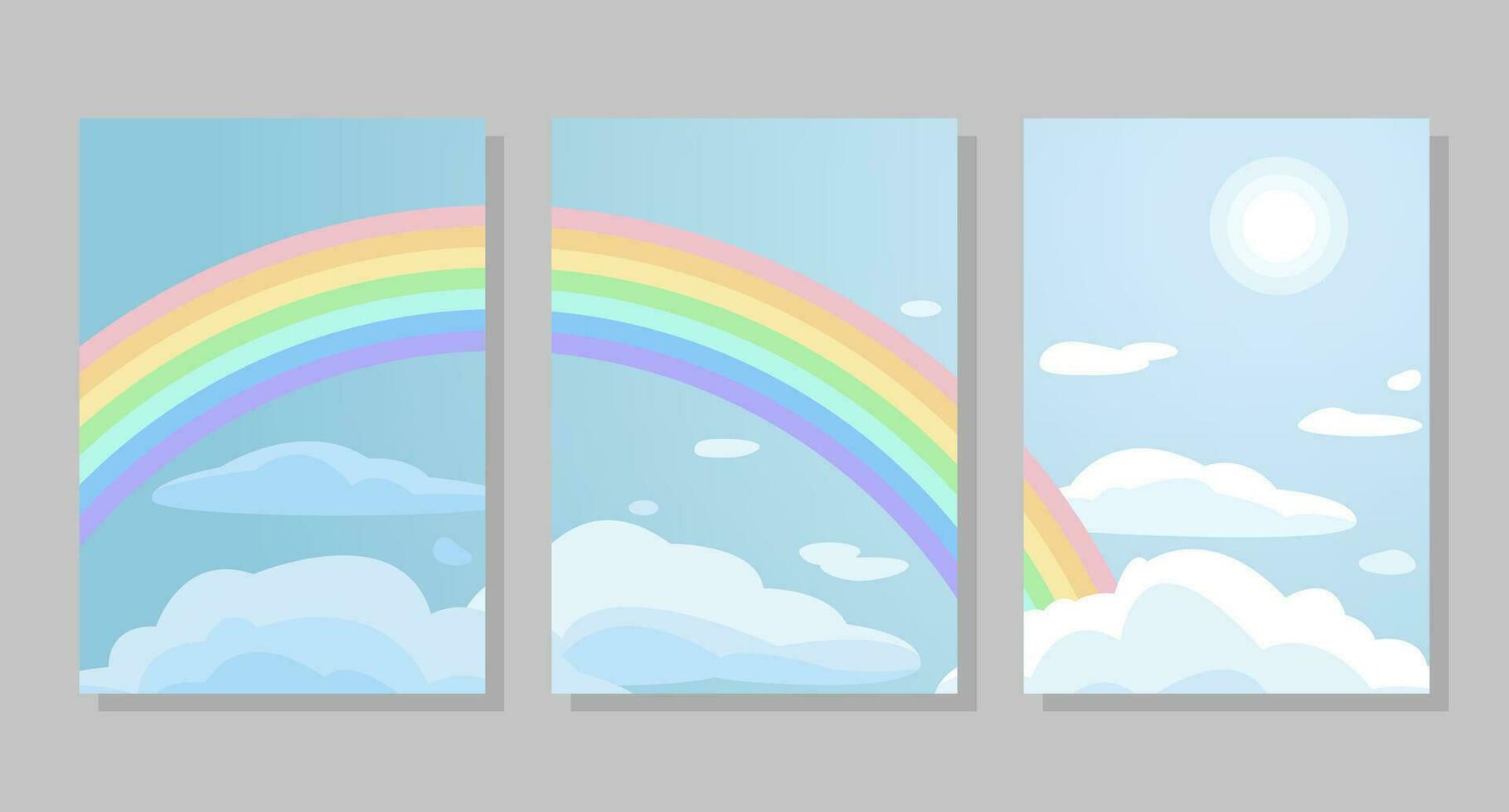 Set of sky background, frames. Rainbow, sun and clouds. Vector illustration. Social media banner template for stories, posts, blogs, cards, invitations.