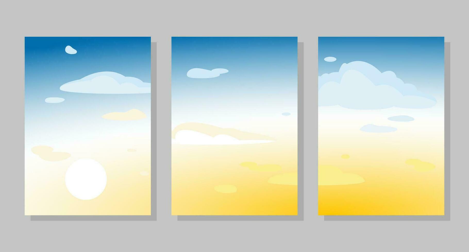 Set of sky background, frames. Dawn and clouds. Vector illustration. Social media banner template for stories, posts, blogs, cards, invitations.