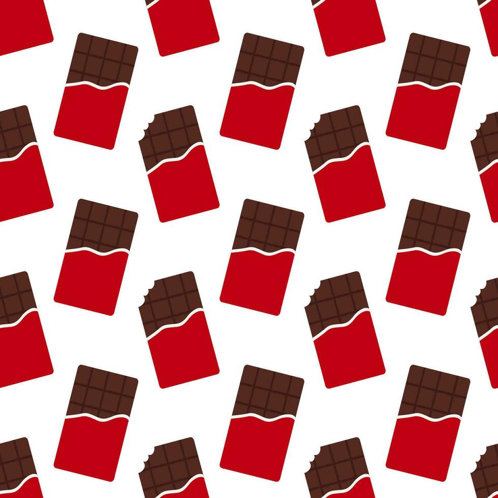 Seamless pattern with red packaging chocolate bars. Whole and bitten chocolate bar. Cartoon style. Vector flat background.