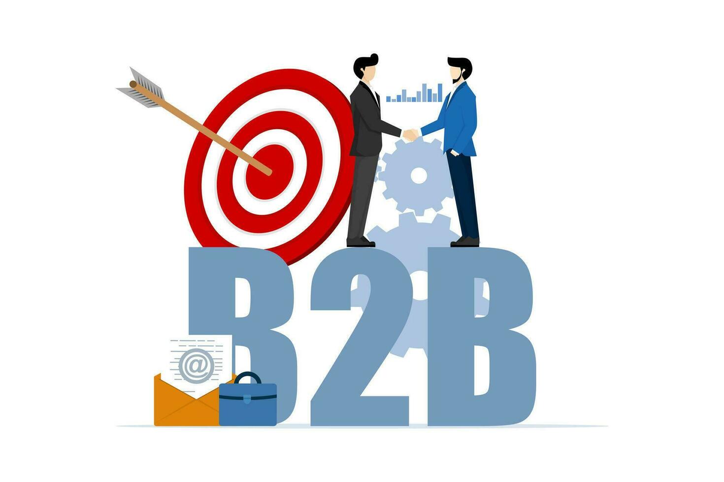 conceptual b2b en negocio, negocio a negocio en línea, exitoso negocio colaboración, empresario firma acuerdo, márketing estrategia, comercio, plano vector ilustración en blanco antecedentes.