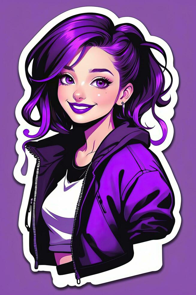 AI generated Beautiful girl in purple jacket. Sticker vector illustration. Pop art style. photo