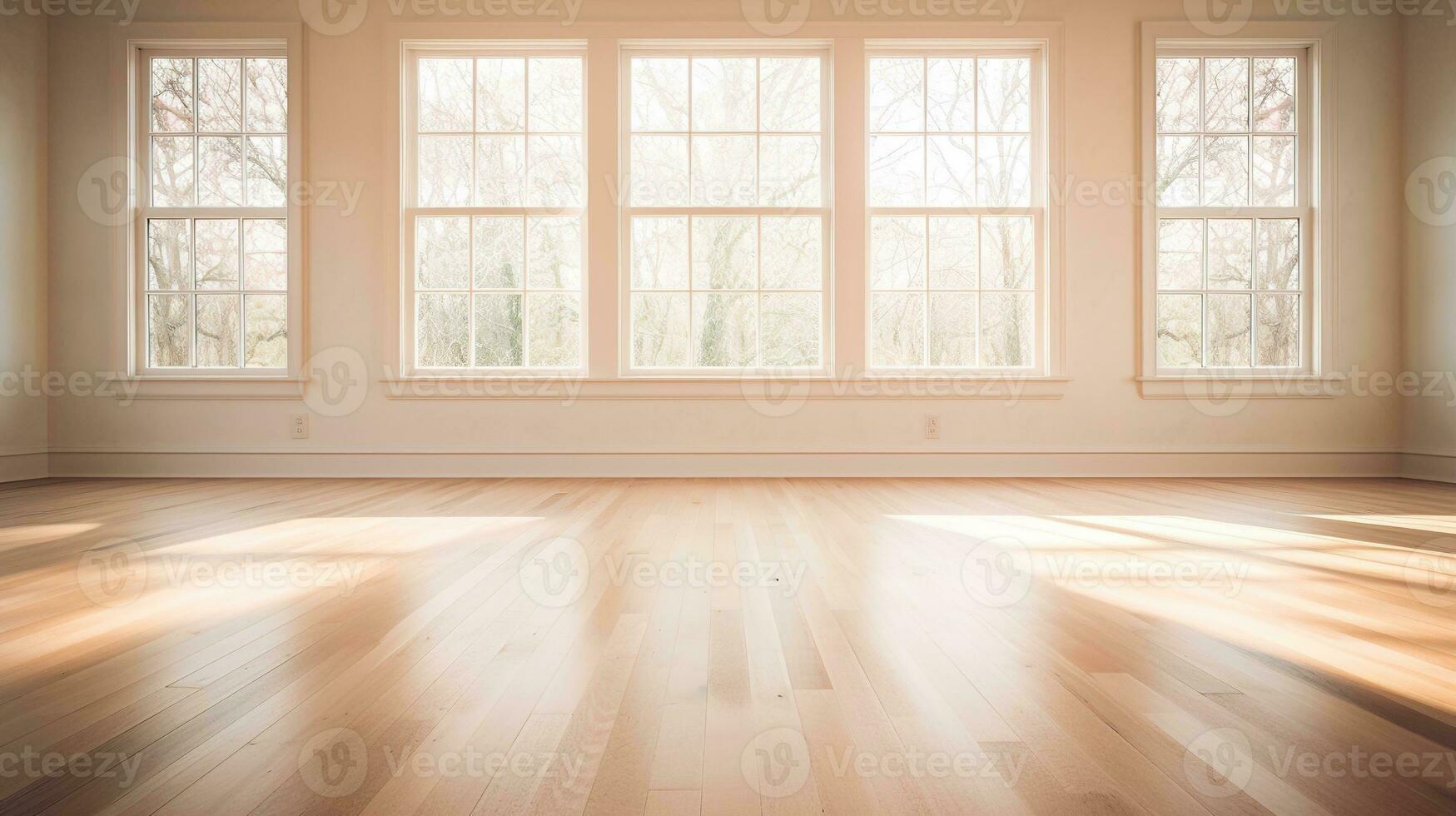 AI generated Generative AI, Light empty modern room with wooen floor and glare from the window, interior background for the presentation photo