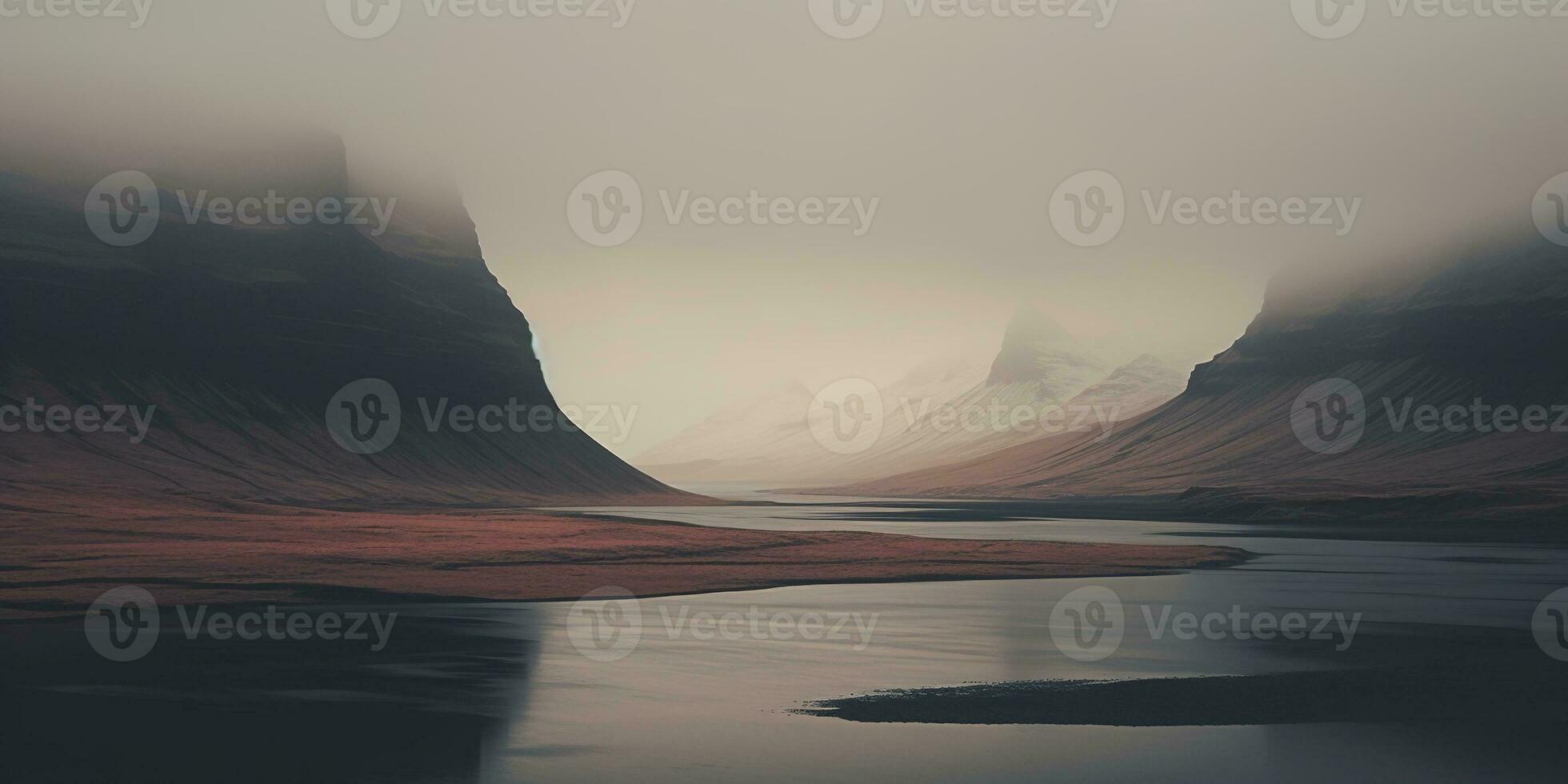 AI generated Generative AI, Iceland beautiful foggy wild landscape with mountains, aesthetic muted colors, photo