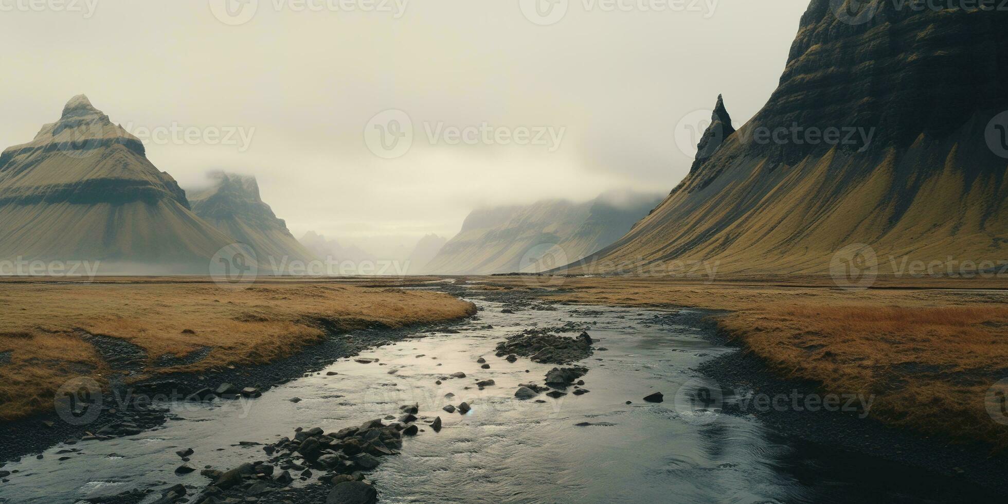 AI generated Generative AI, Iceland beautiful foggy wild landscape with mountains, aesthetic muted colors, photo