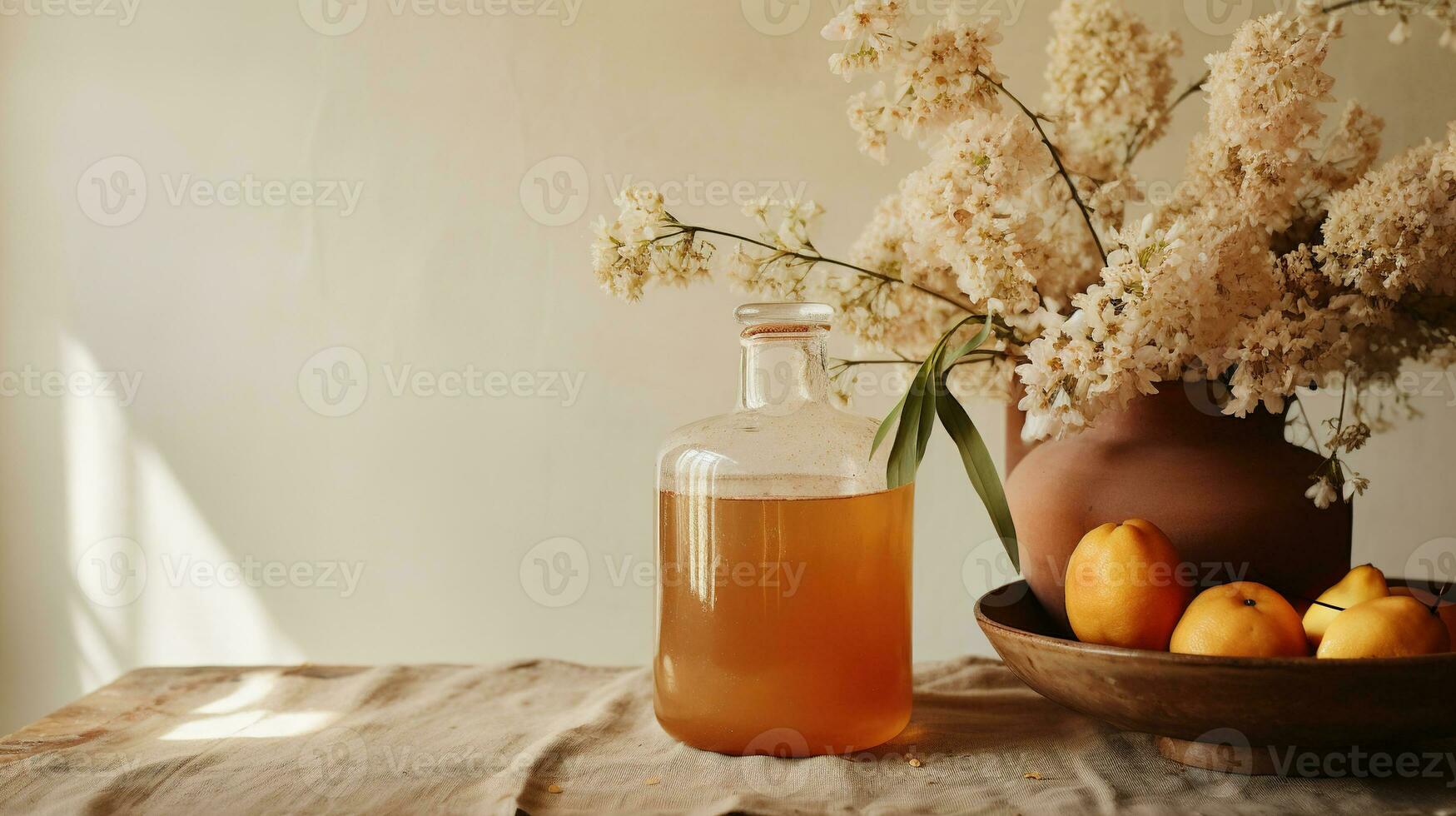AI generated Generative AI, Homemade fermented kombucha drink, healthy tea, natural probiotic flavored drink photo