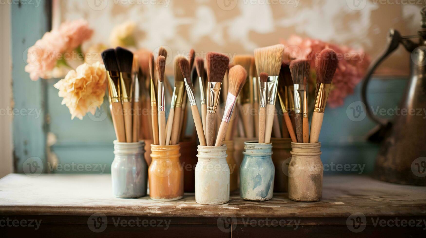 AI generated Generative AI, colorful used brushes in an artist's studio, aesthetic muted colors photo
