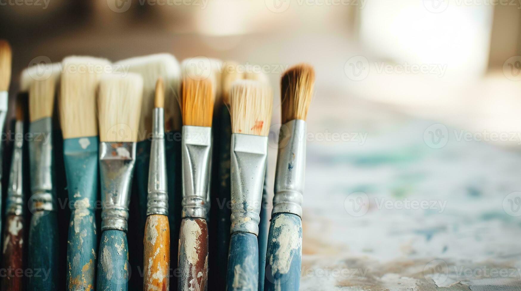 Palette with samples of multi-colored gouache paints and brushes after  painting. Close-up on a white background. Free space for text. 7731836  Stock Photo at Vecteezy