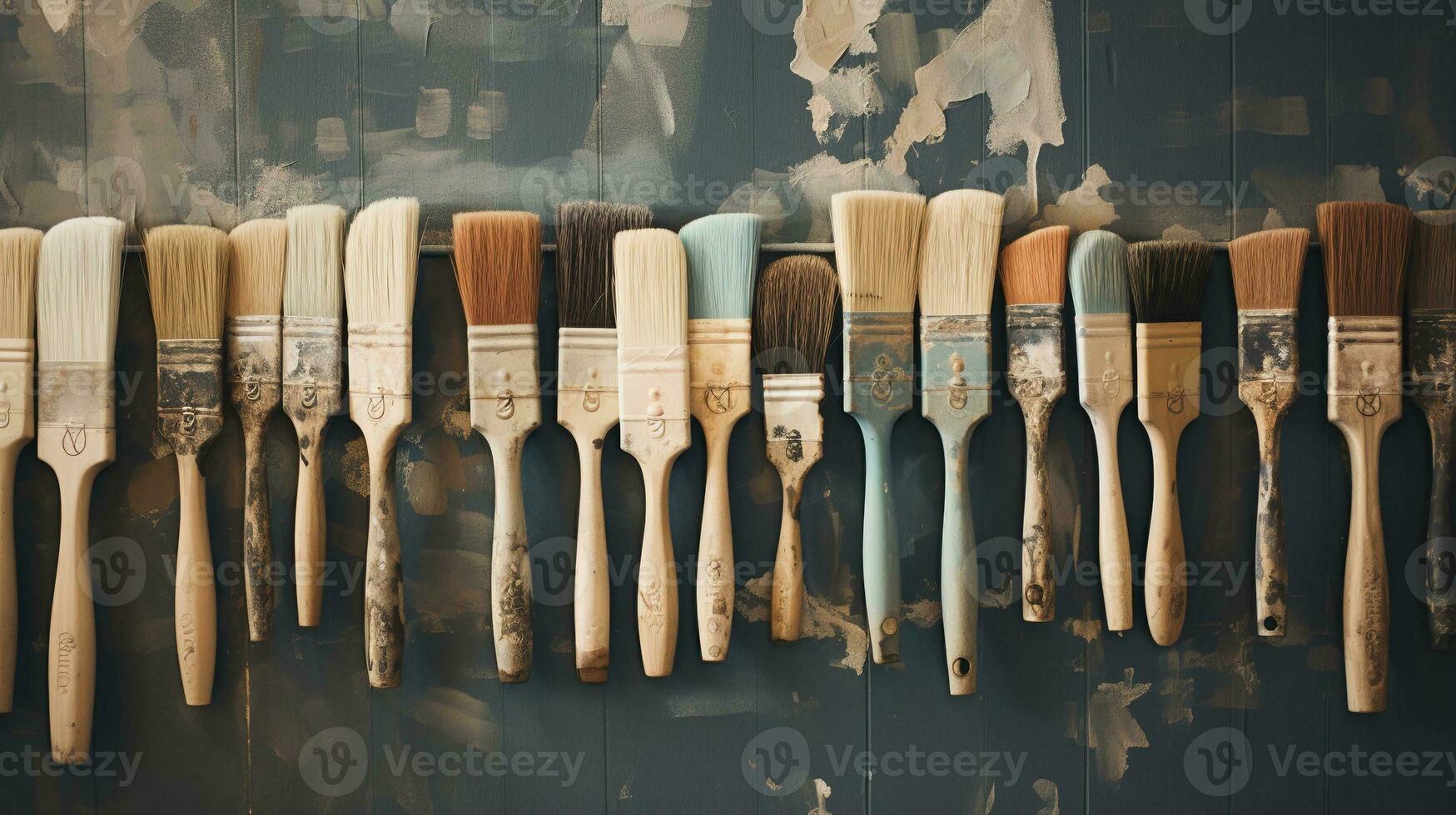 AI generated Generative AI, colorful used brushes in an artist's studio, aesthetic muted colors photo