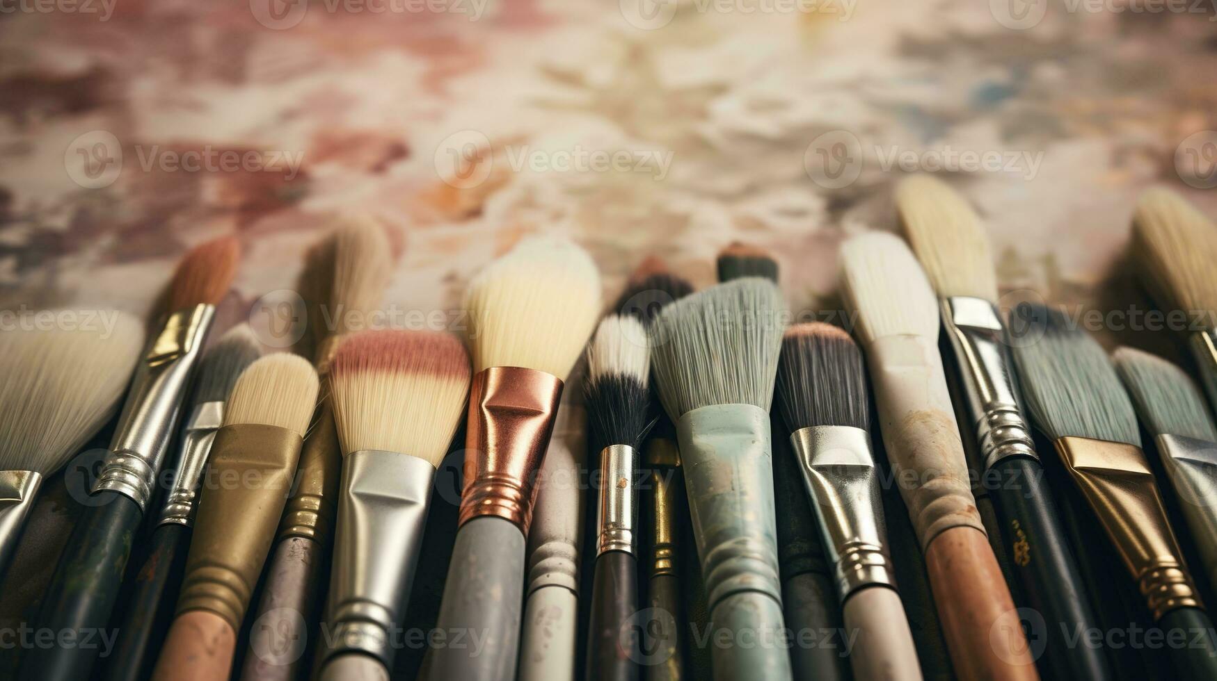 AI generated Generative AI, colorful used brushes in an artist's studio, aesthetic muted colors photo