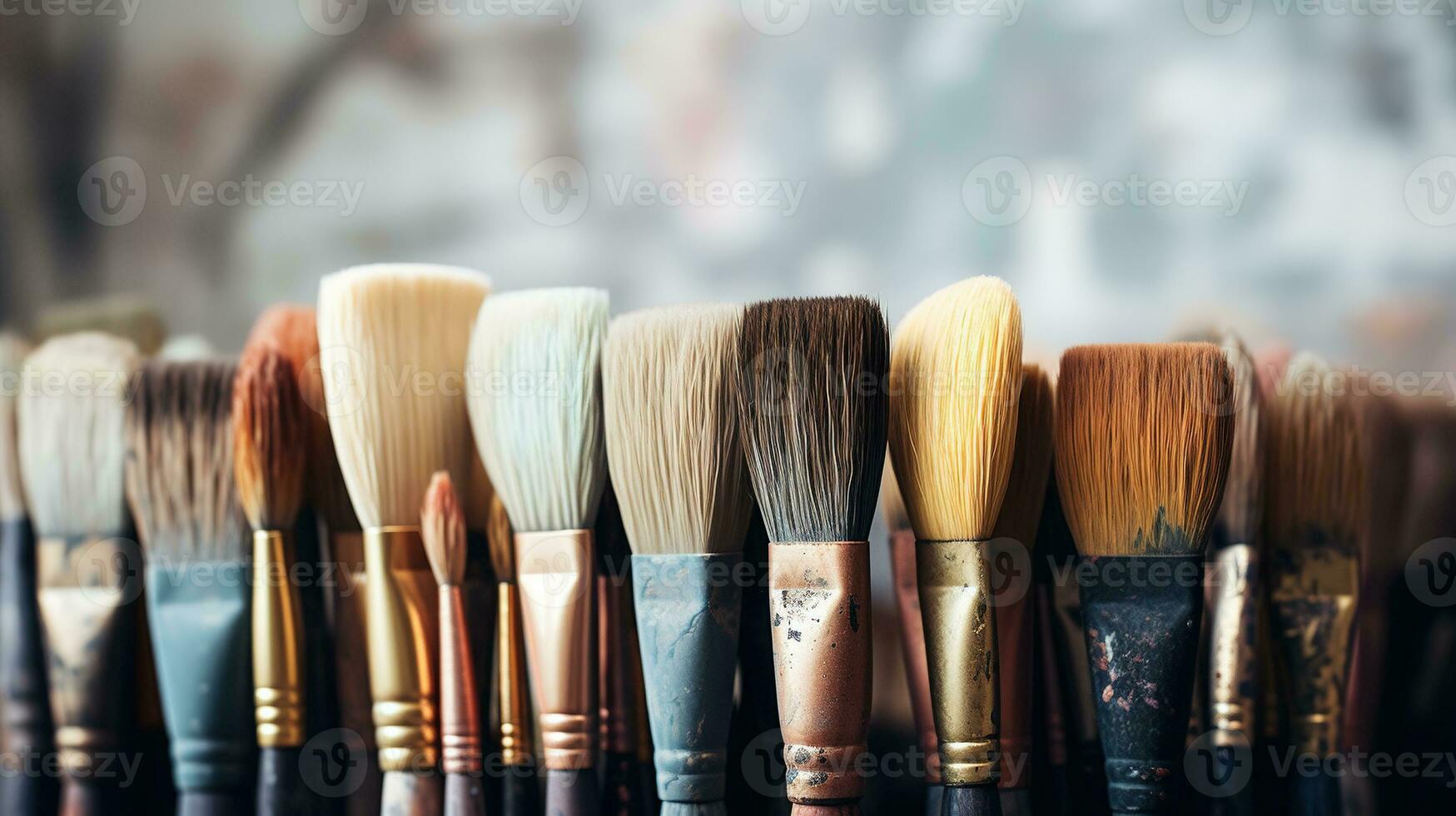 AI generated Generative AI, colorful used brushes in an artist's studio, aesthetic muted colors photo