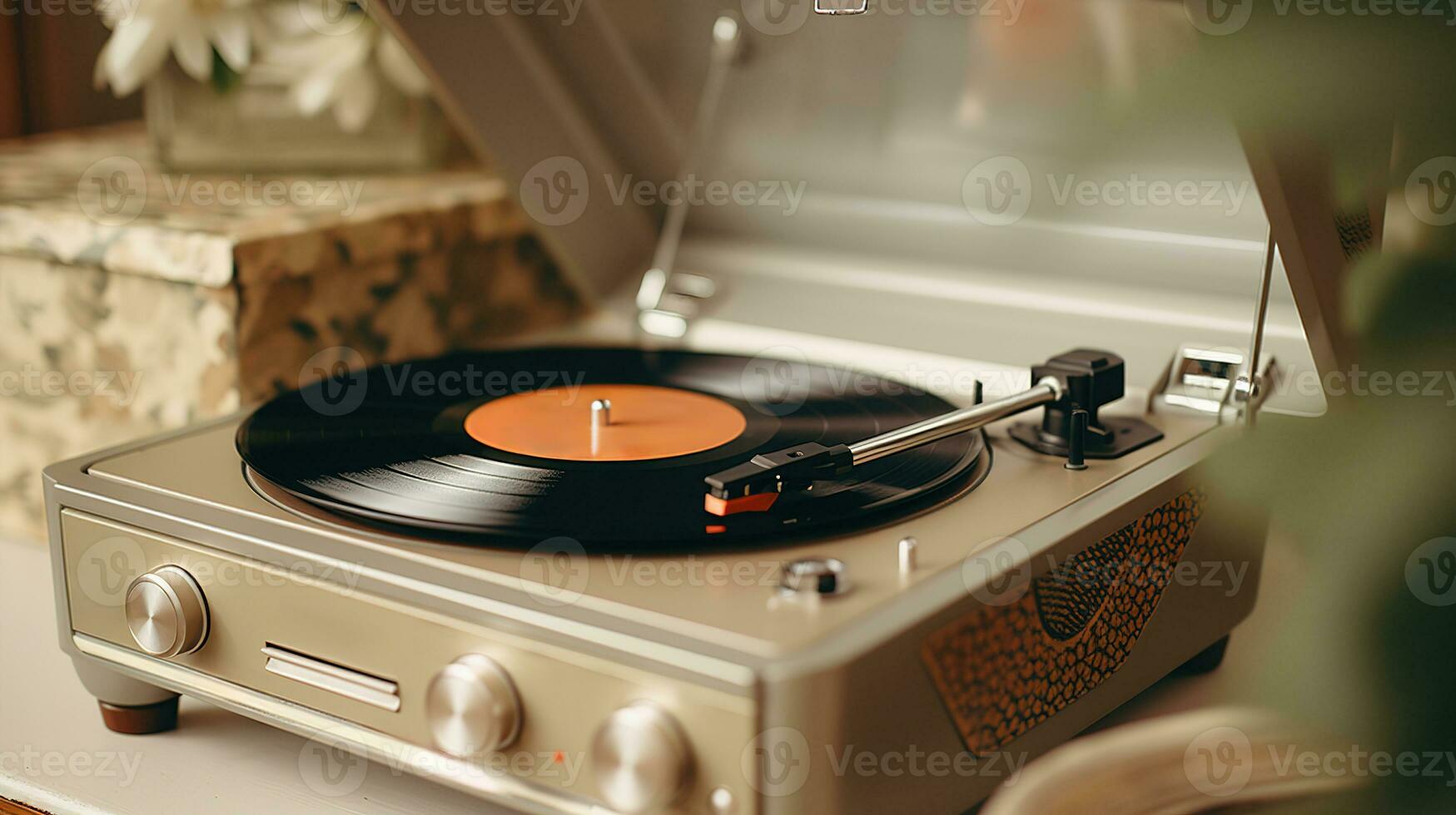 AI generated Generative AI, nostalgic retro vinyl recorder, vintage turntable player, muted colors, aesthetic photo