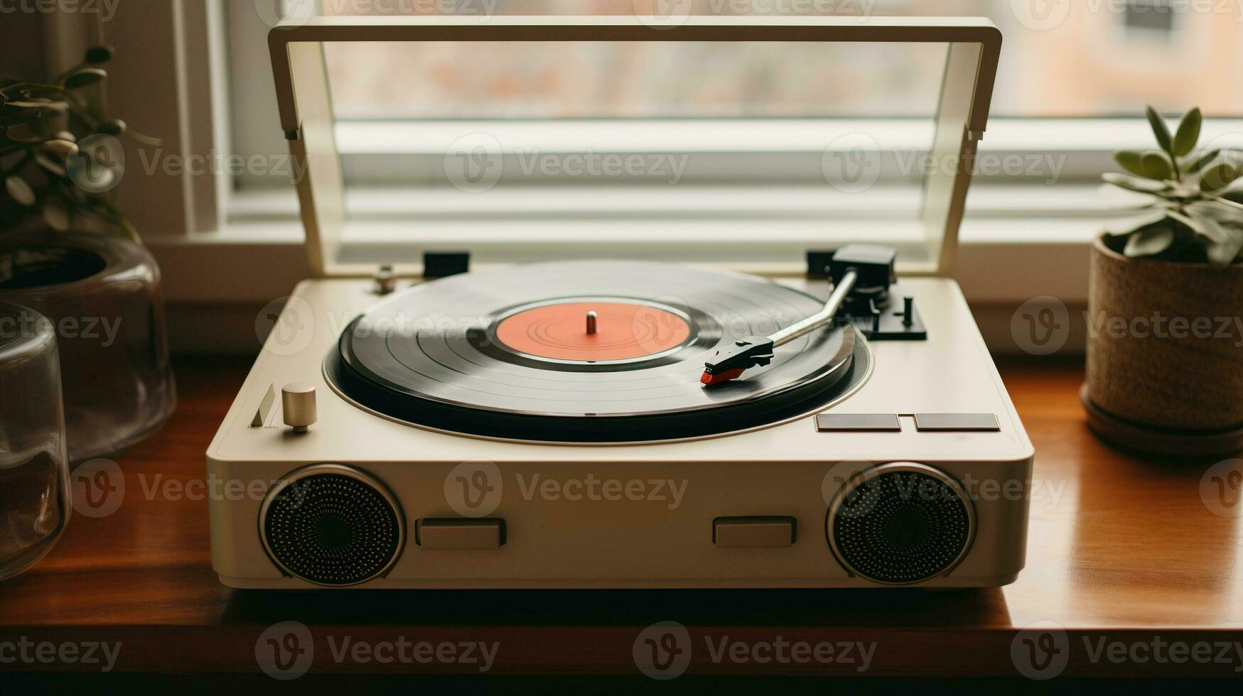 AI generated Generative AI, nostalgic retro vinyl recorder, vintage turntable player, muted colors, aesthetic photo