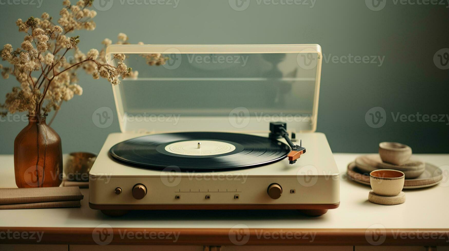 AI generated Generative AI, nostalgic retro vinyl recorder, vintage turntable player, muted colors, aesthetic photo