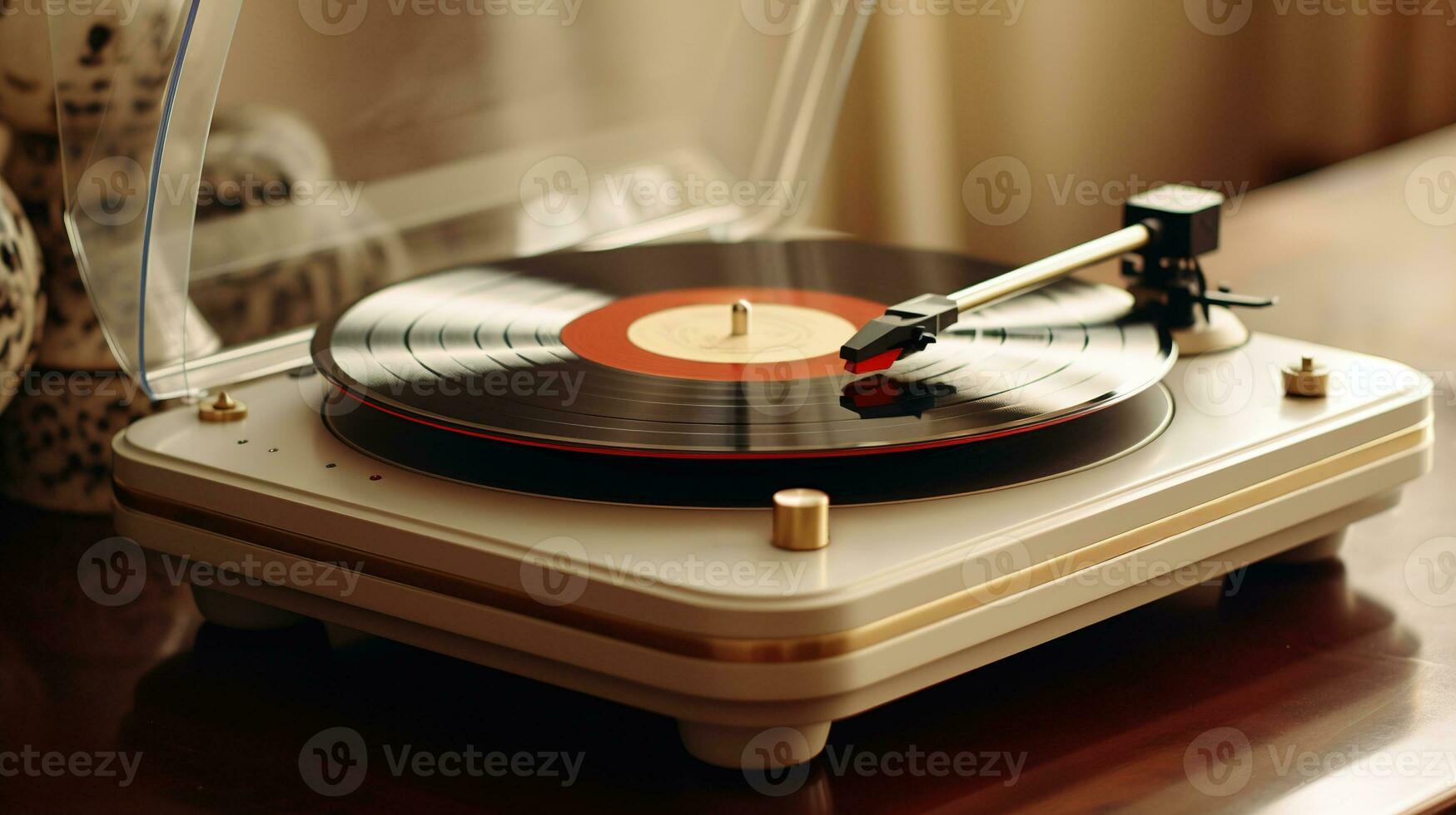 AI generated Generative AI, nostalgic retro vinyl recorder, vintage turntable player, muted colors, aesthetic photo