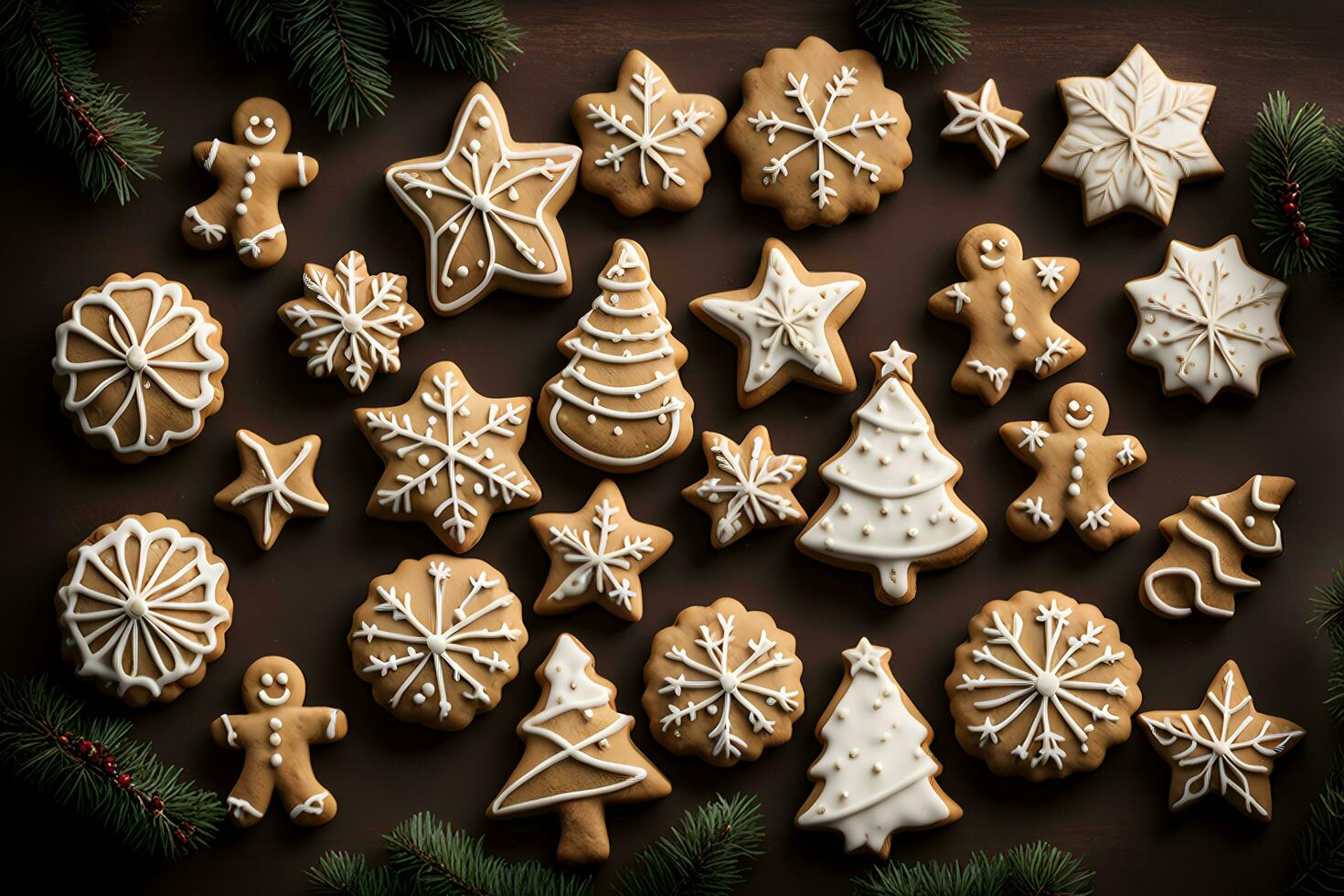 AI generated Christmas cookies and gingerbread on a black background. AI Generative photo