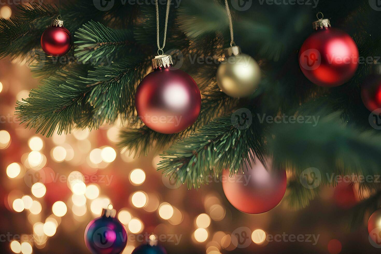 AI generated Christmas ornaments hanging on the Christmas tree with lights behind. AI Generative photo