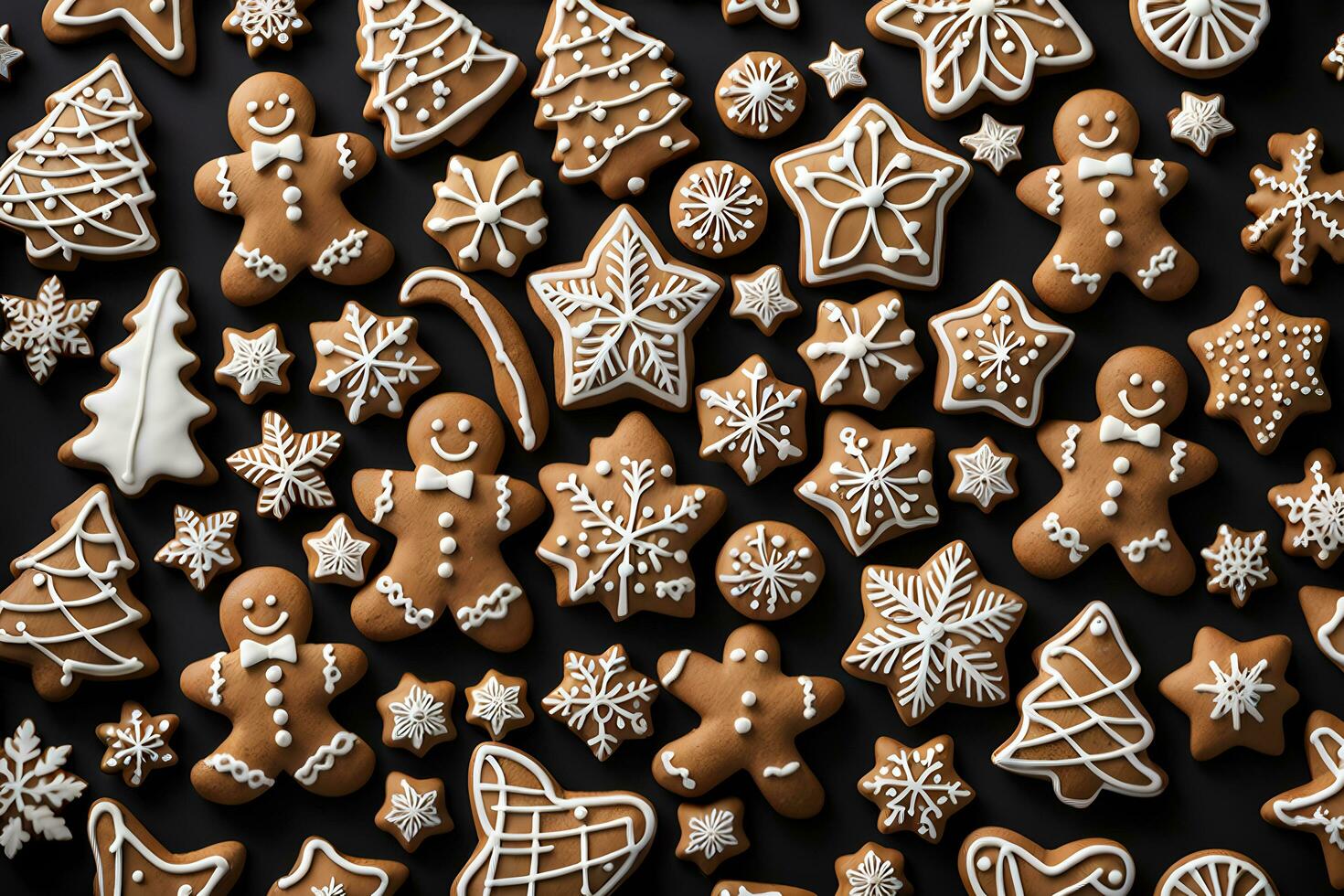 AI generated Christmas cookies and gingerbread on a black background. AI Generative photo
