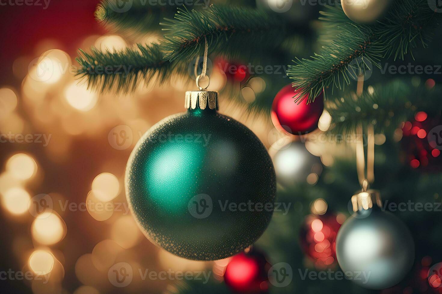 AI generated Christmas ornaments hanging on the Christmas tree with lights behind. AI Generative photo
