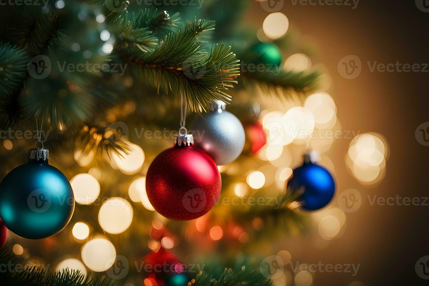 AI generated Christmas ornaments hanging on the Christmas tree with lights behind. AI Generative photo