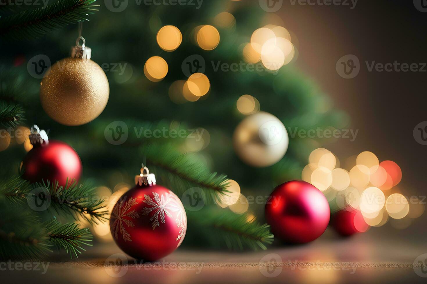 AI generated Christmas ornaments hanging on the Christmas tree with lights behind. AI Generative photo