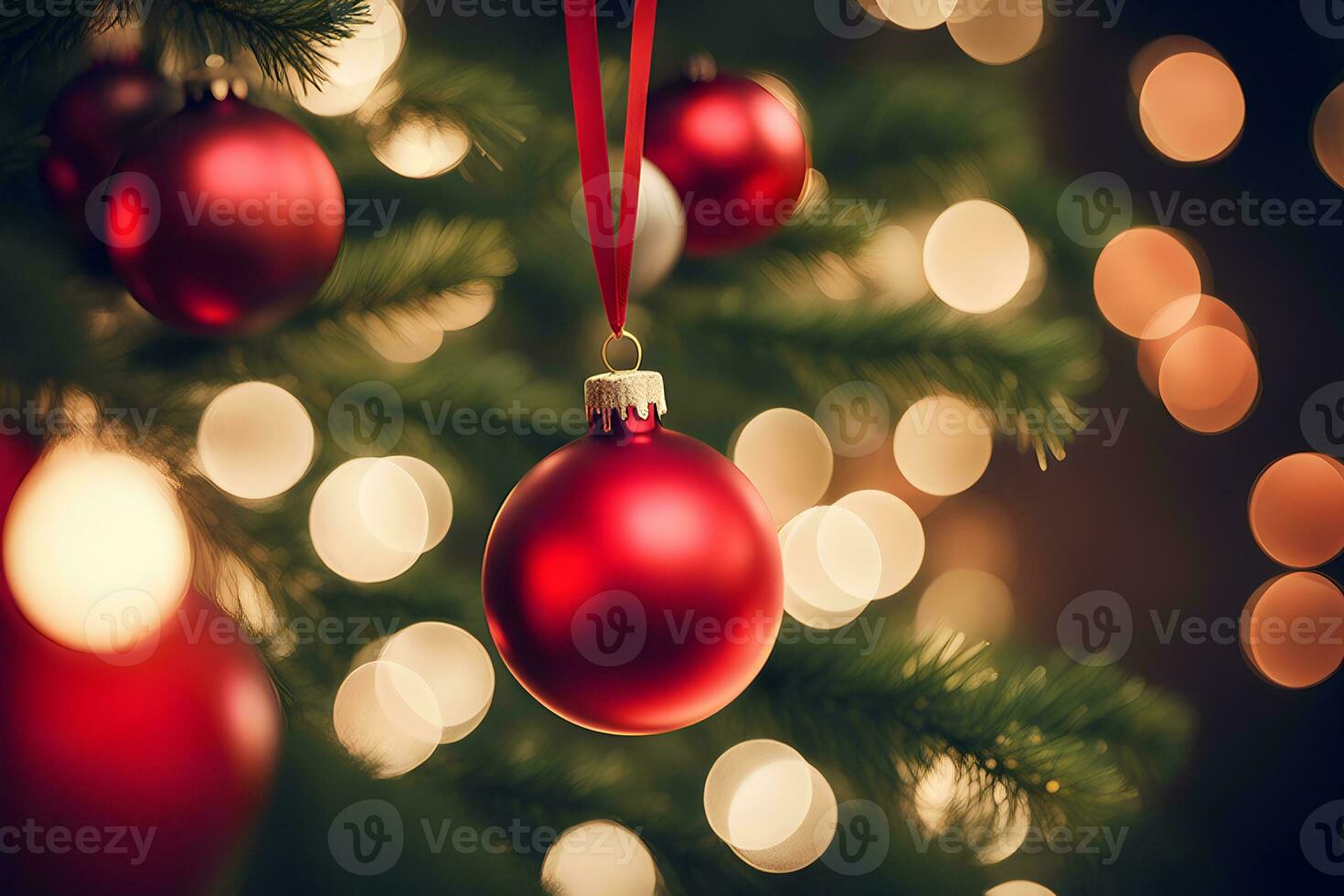 AI generated Christmas ornaments hanging on the Christmas tree with lights behind. AI Generative photo