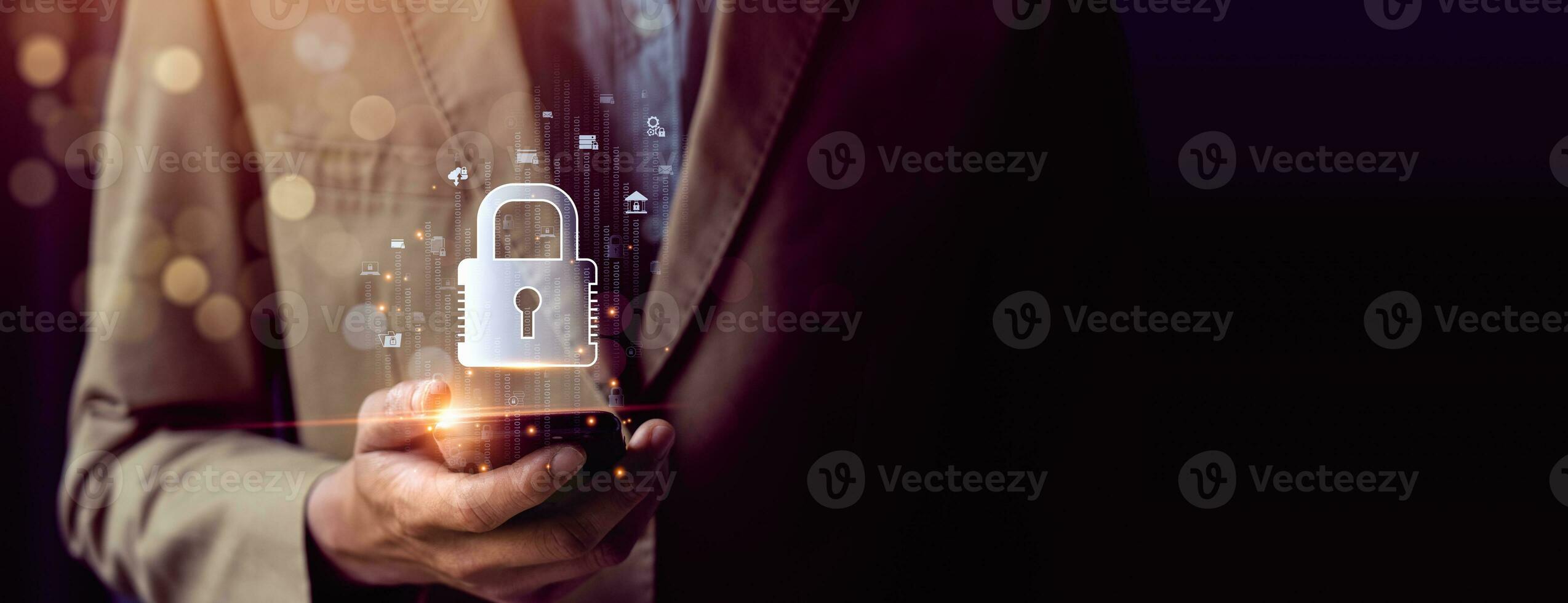 Cyber security concept, Lock icon and internet network security technology. screen padlock and encryption, develop software of data protection reduce the vulnerability in their network, technology photo