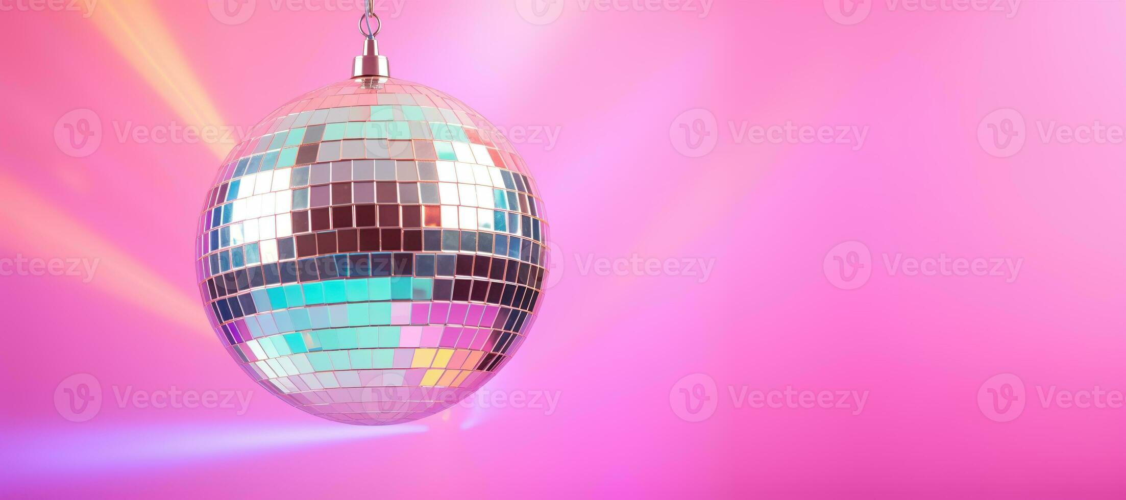 AI generated Generative AI, Disco shiny  ball, party reflecting colorful lights for music broadcast, night clubs, musical banners photo