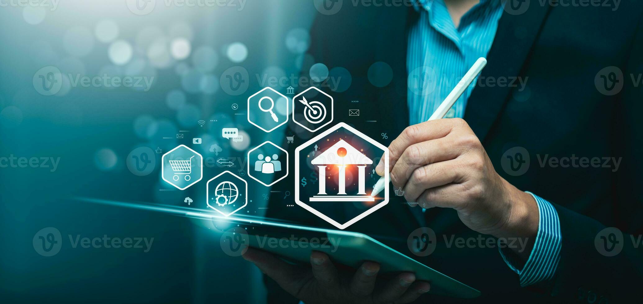 Businessman using mobile online banking and payments, digital marketing. Financial and banking networking. Customer network connection and online shopping icons cyber security, business technology photo