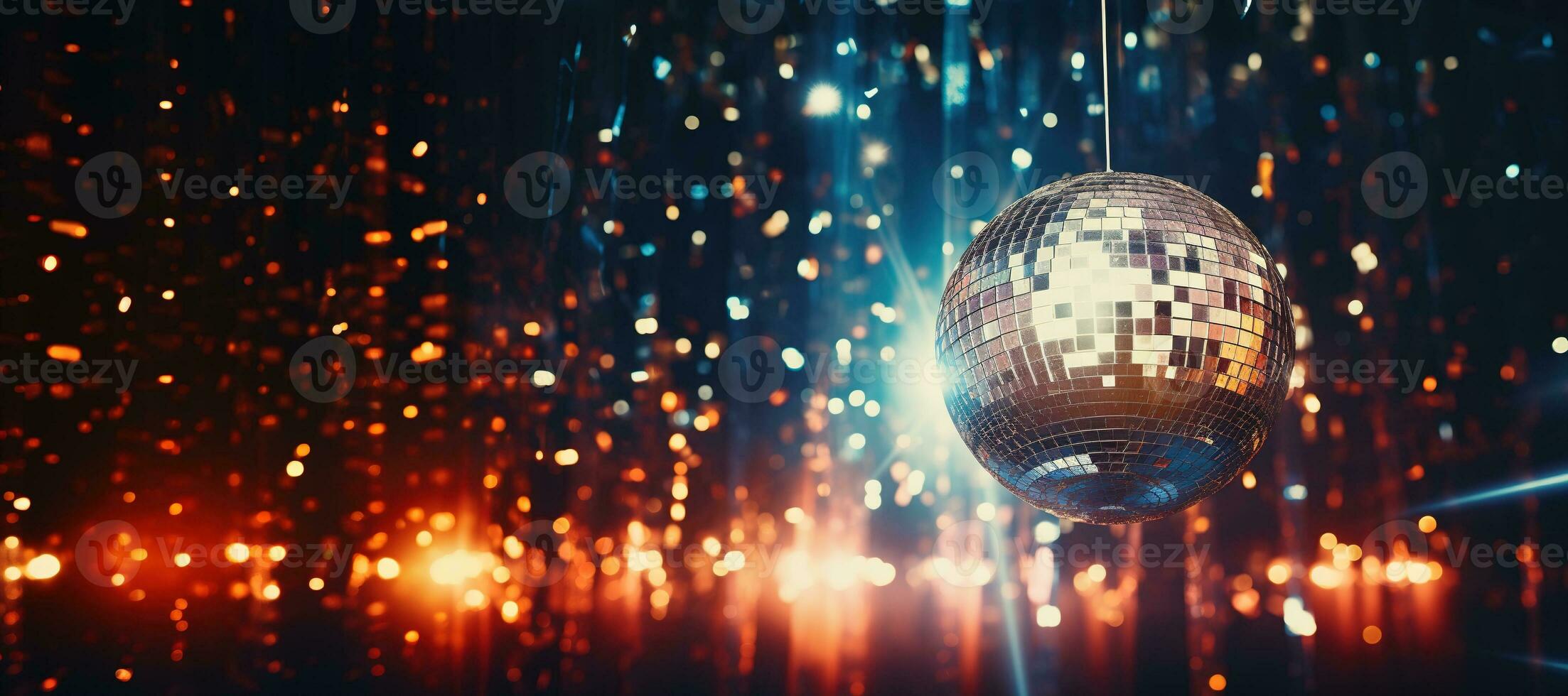 AI generated Generative AI, Disco shiny  ball, party reflecting colorful lights for music broadcast, night clubs, musical banners photo