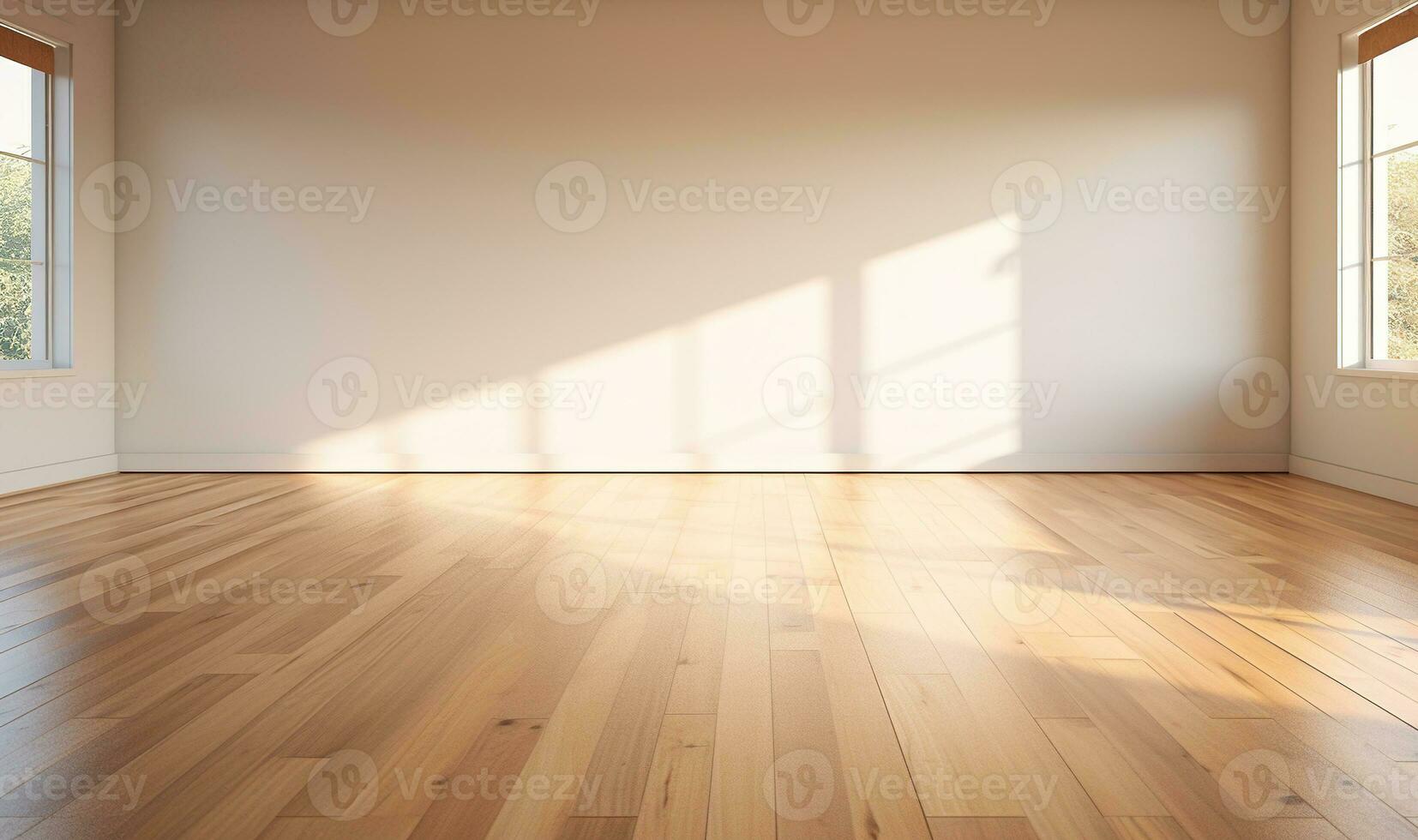 AI generated Generative AI, Light empty modern room with wooen floor and glare from the window, interior background for the presentation photo