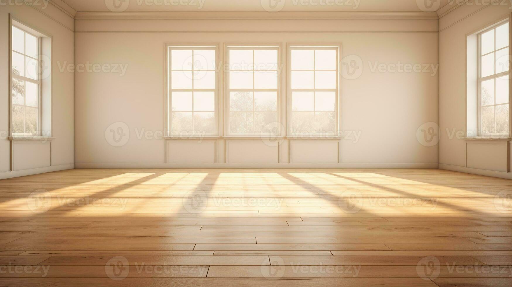 AI generated Generative AI, Light empty modern room with wooen floor and glare from the window, interior background for the presentation photo