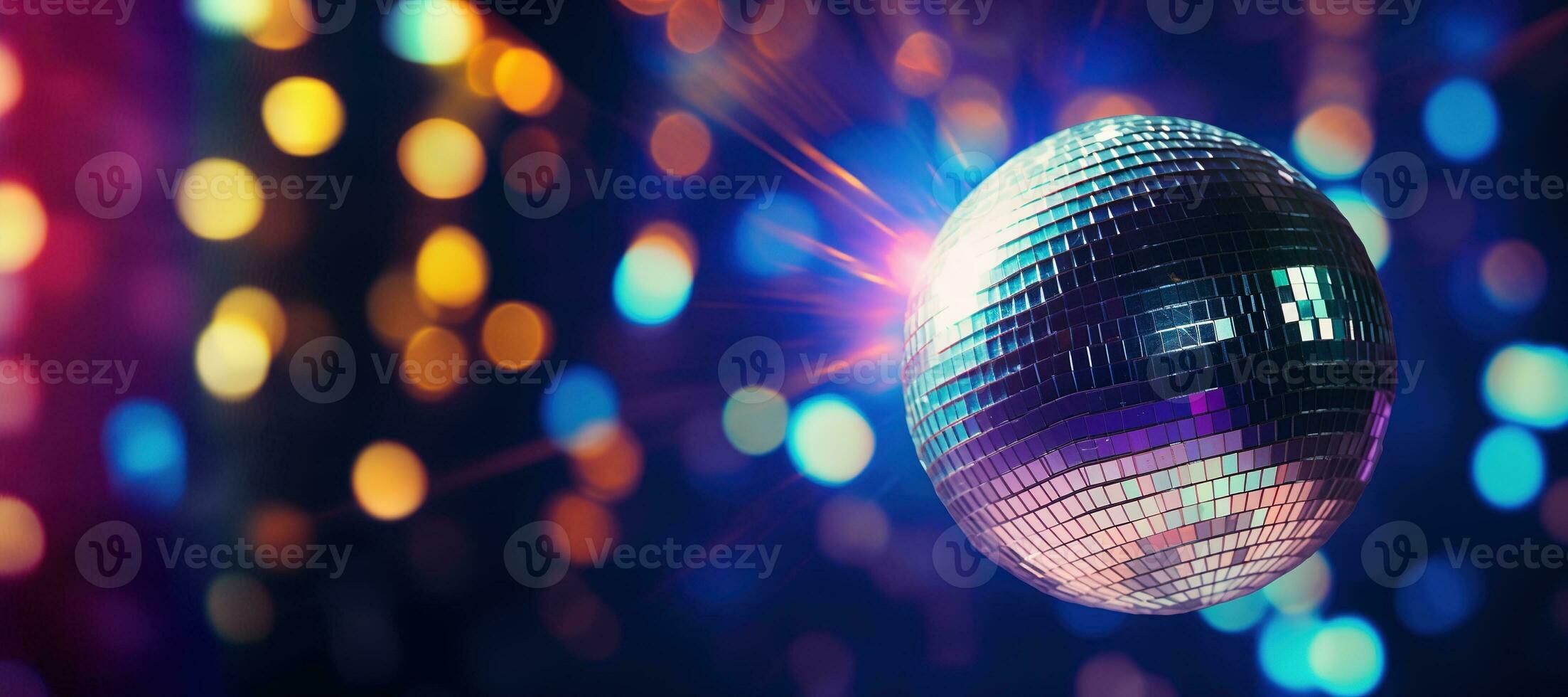 AI generated Generative AI, Disco shiny  ball, party reflecting colorful lights for music broadcast, night clubs, musical banners photo