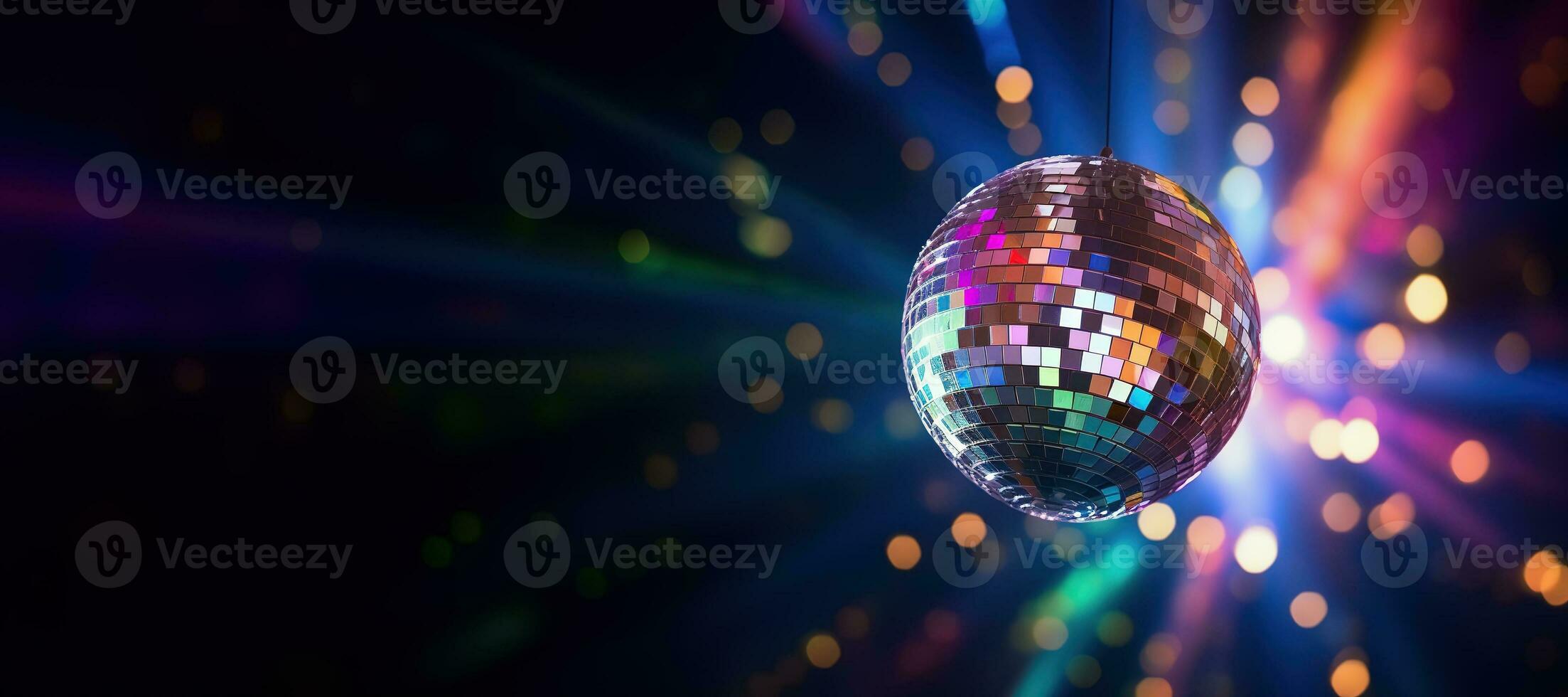 AI generated Generative AI, Disco shiny  ball, party reflecting colorful lights for music broadcast, night clubs, musical banners photo