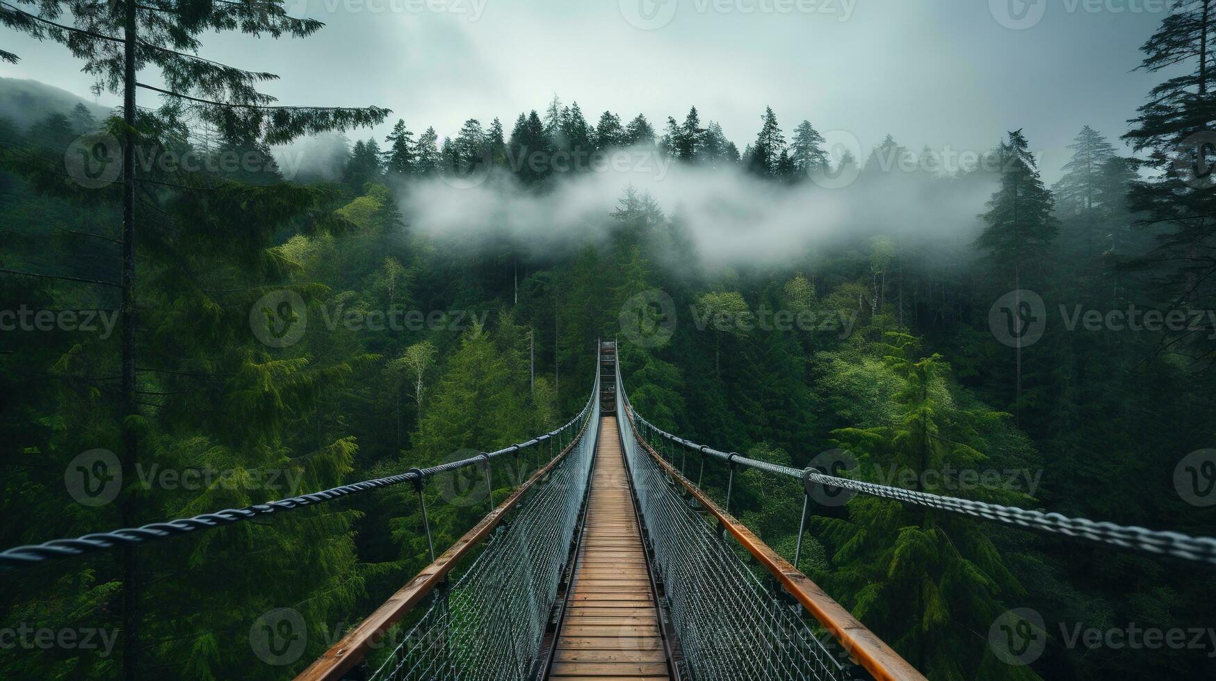 AI generated Generative AI, treetop boarding bridge on misty fir forest beautiful landscape in hipster vintage retro style, foggy mountains and trees. photo