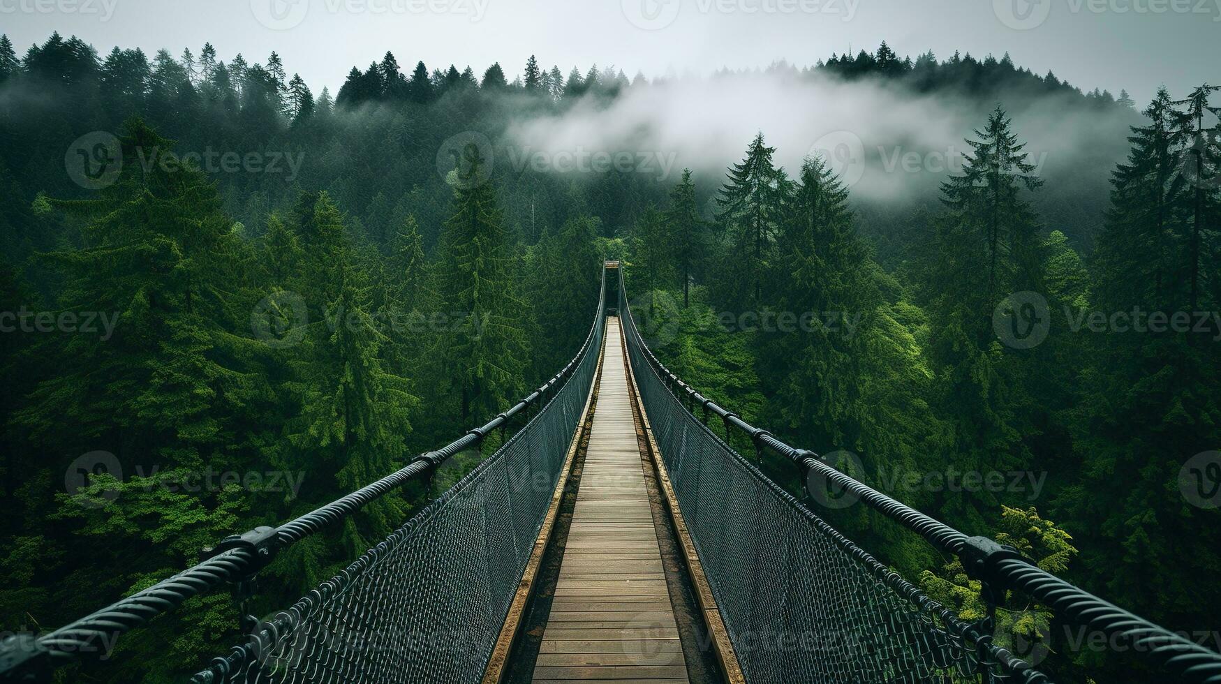 AI generated Generative AI, treetop boarding bridge on misty fir forest beautiful landscape in hipster vintage retro style, foggy mountains and trees. photo