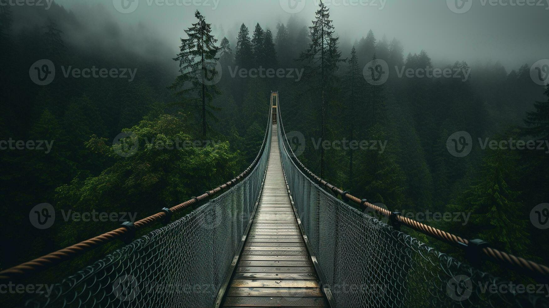 AI generated Generative AI, treetop boarding bridge on misty fir forest beautiful landscape in hipster vintage retro style, foggy mountains and trees. photo