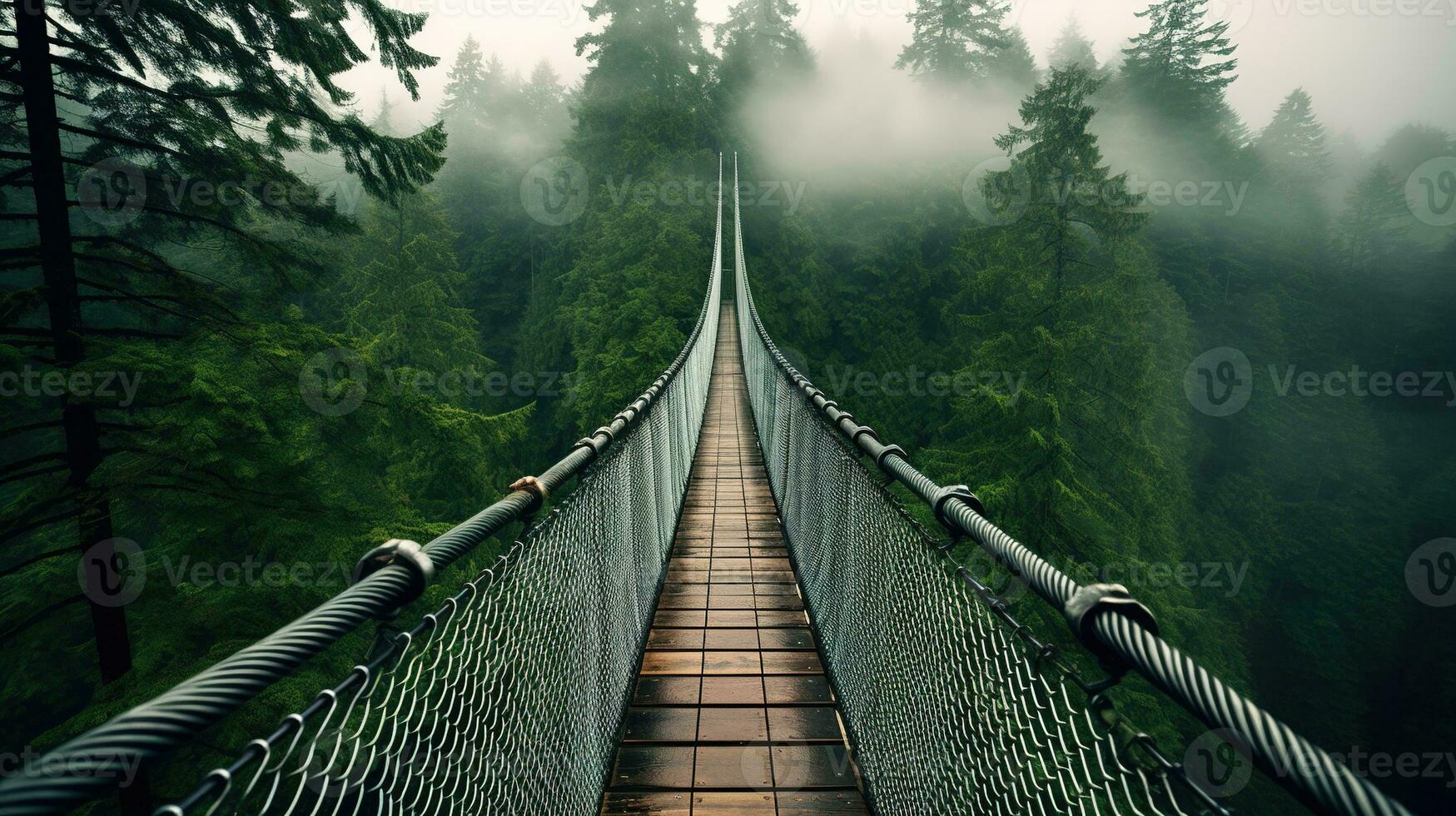 AI generated Generative AI, treetop boarding bridge on misty fir forest beautiful landscape in hipster vintage retro style, foggy mountains and trees. photo