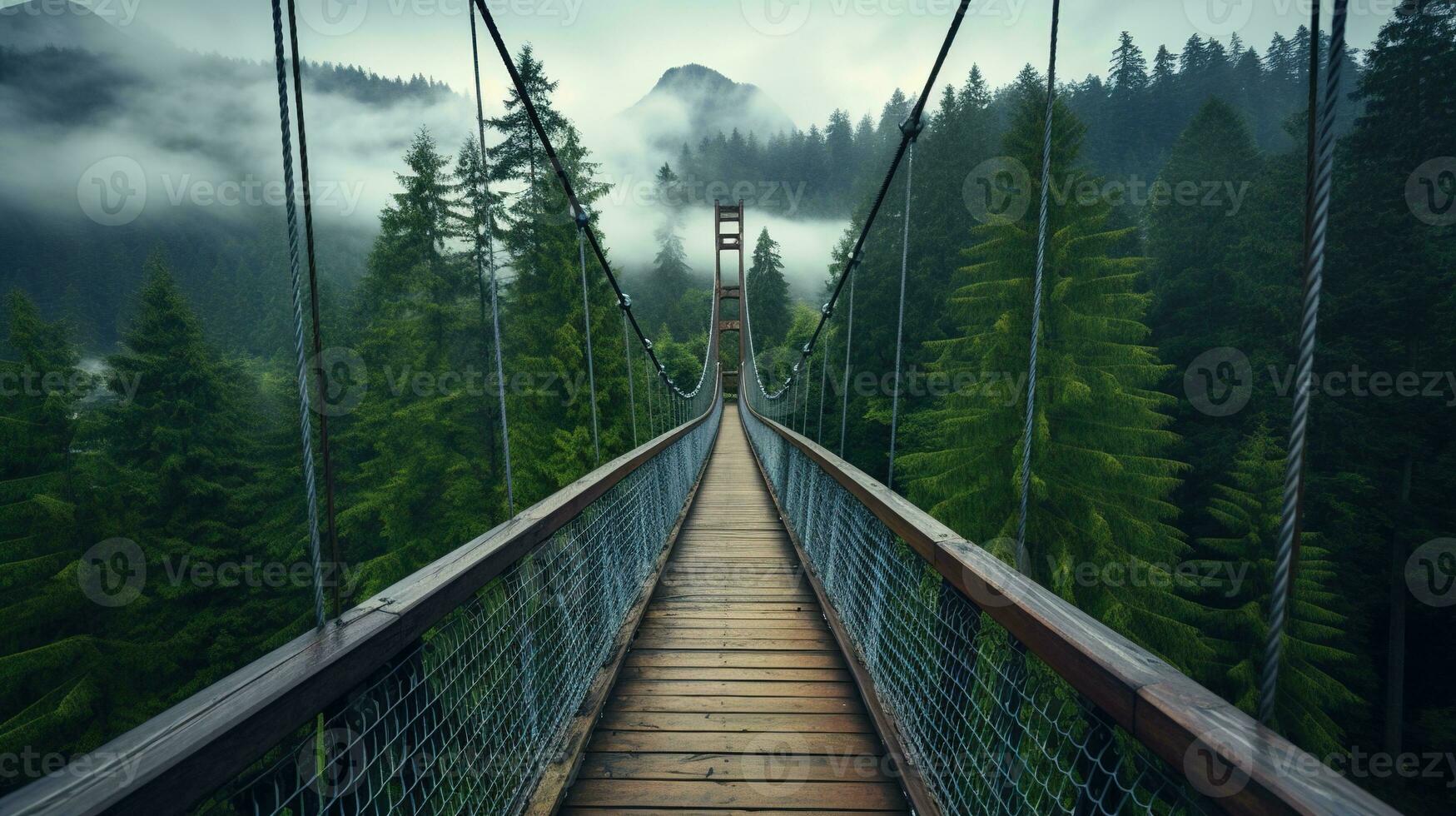 AI generated Generative AI, treetop boarding bridge on misty fir forest beautiful landscape in hipster vintage retro style, foggy mountains and trees. photo