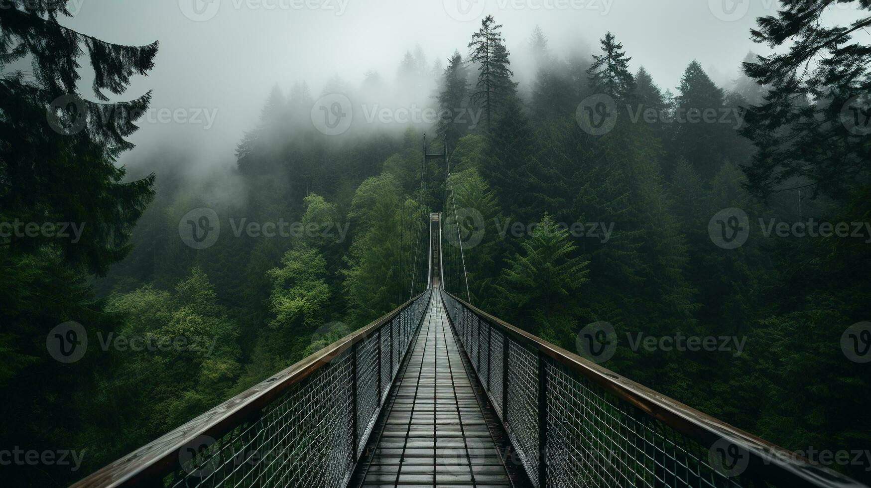 AI generated Generative AI, treetop boarding bridge on misty fir forest beautiful landscape in hipster vintage retro style, foggy mountains and trees. photo