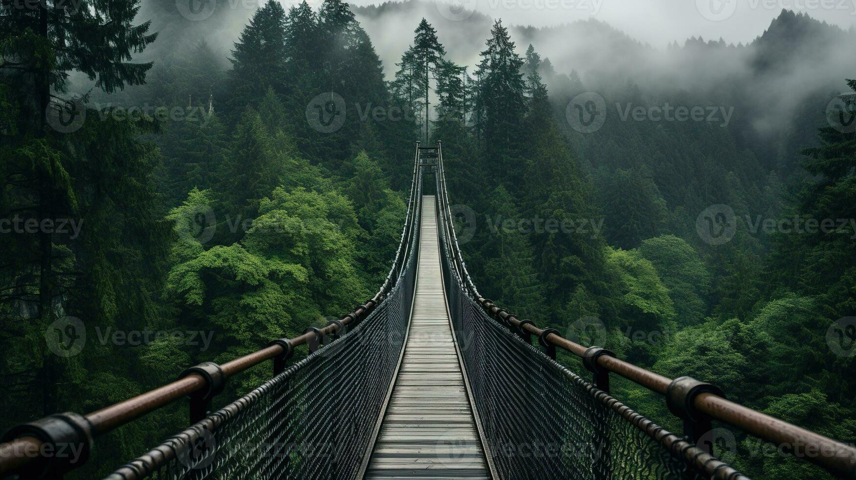 AI generated Generative AI, treetop boarding bridge on misty fir forest beautiful landscape in hipster vintage retro style, foggy mountains and trees. photo