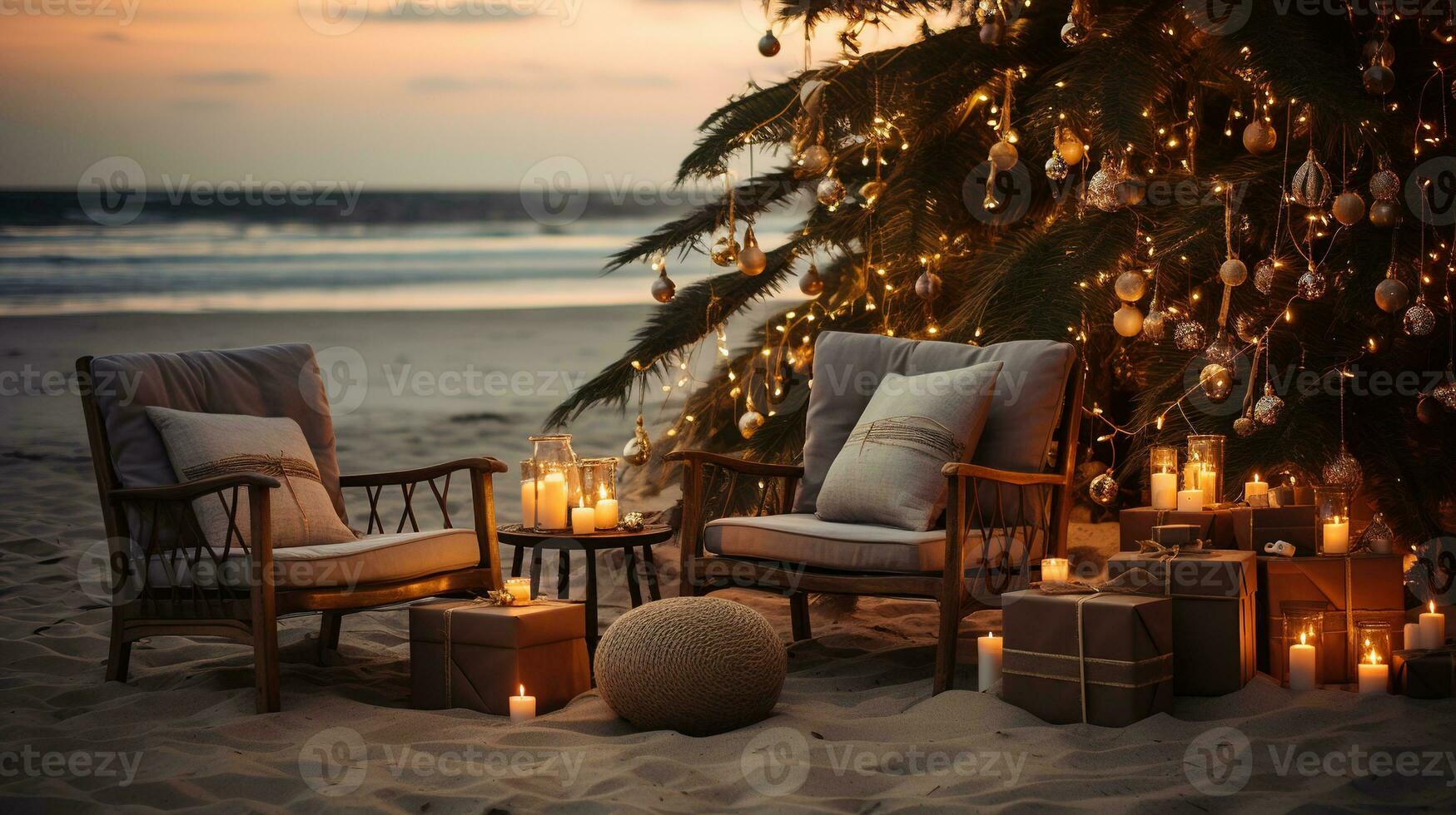 AI generated Generative AI, Christmas on the beach. Gifts, Christmas tree, palm, ocean and chairs. Vacation concept photo