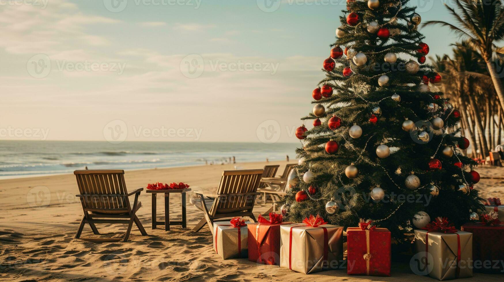 AI generated Generative AI, Christmas on the beach. Gifts, Christmas tree, palm, ocean and chairs. Vacation concept photo