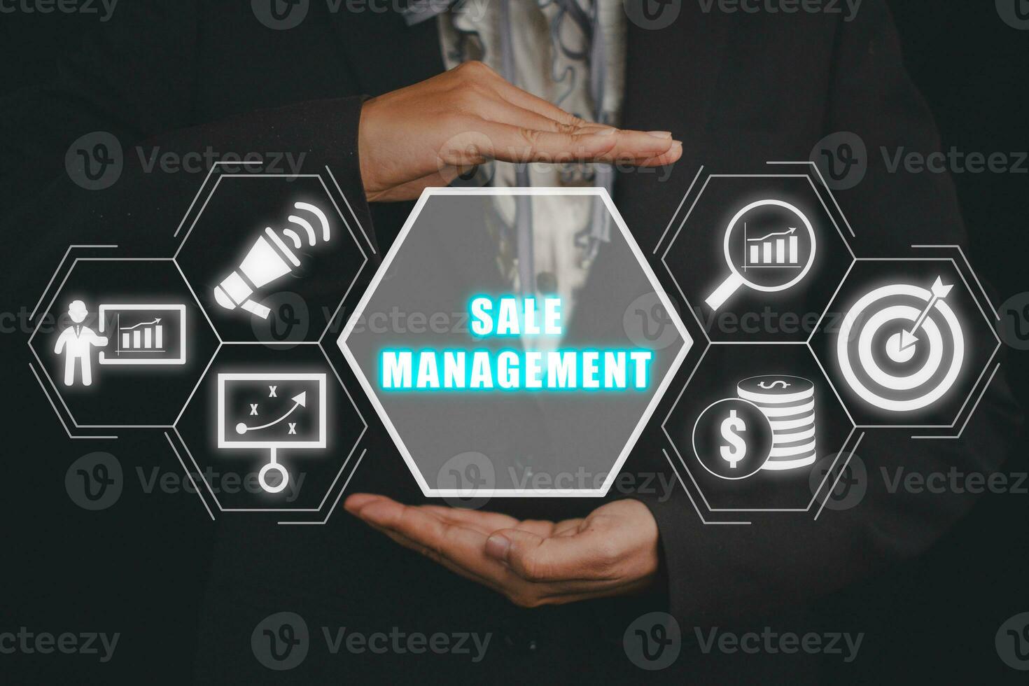 Sale management concept, Business woman hand holding sale management icon on virtual screen. photo