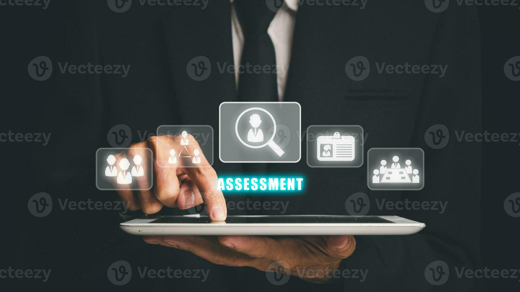 Assessment Analysis Evaluation Measure Business Analytics Concept, Businessman hand using digital tablet with assessment icon on virtual screen. photo