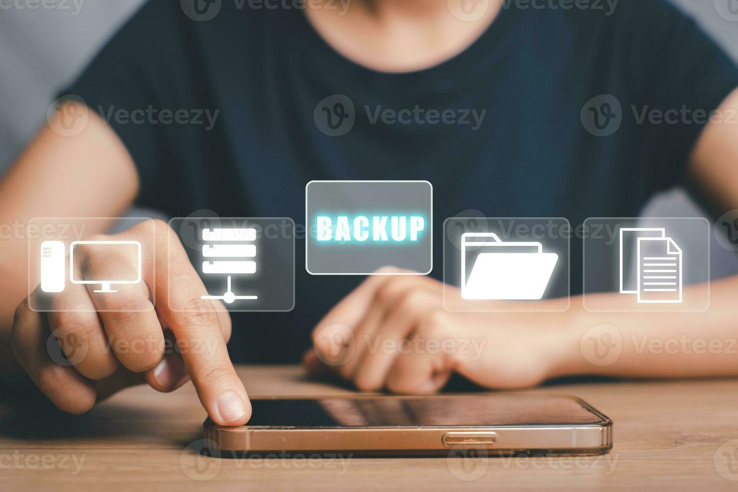 Backup storage data internet technology business concept, Business woman using smartphone with VR screen backup icon on desk. photo