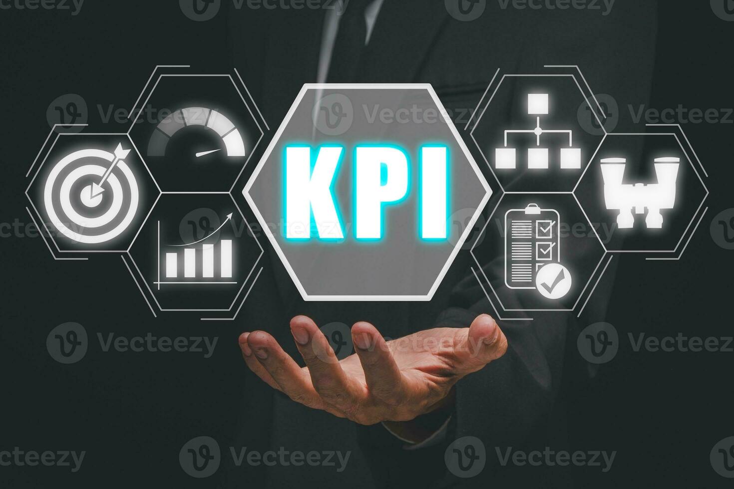 kpi, llave actuación indicador negocio y industrial análisis concepto, hombre de negocios mano participación kpi icono en virtual pantalla. foto