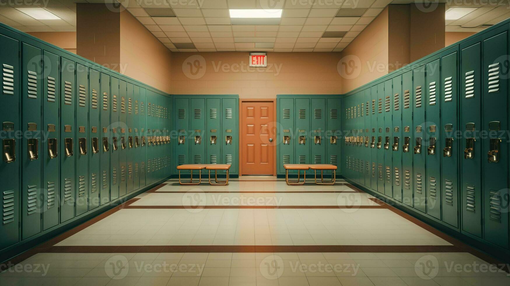 ai generado generativo ai, fila de alto colegio casilleros en el pasillo, armario habitación foto